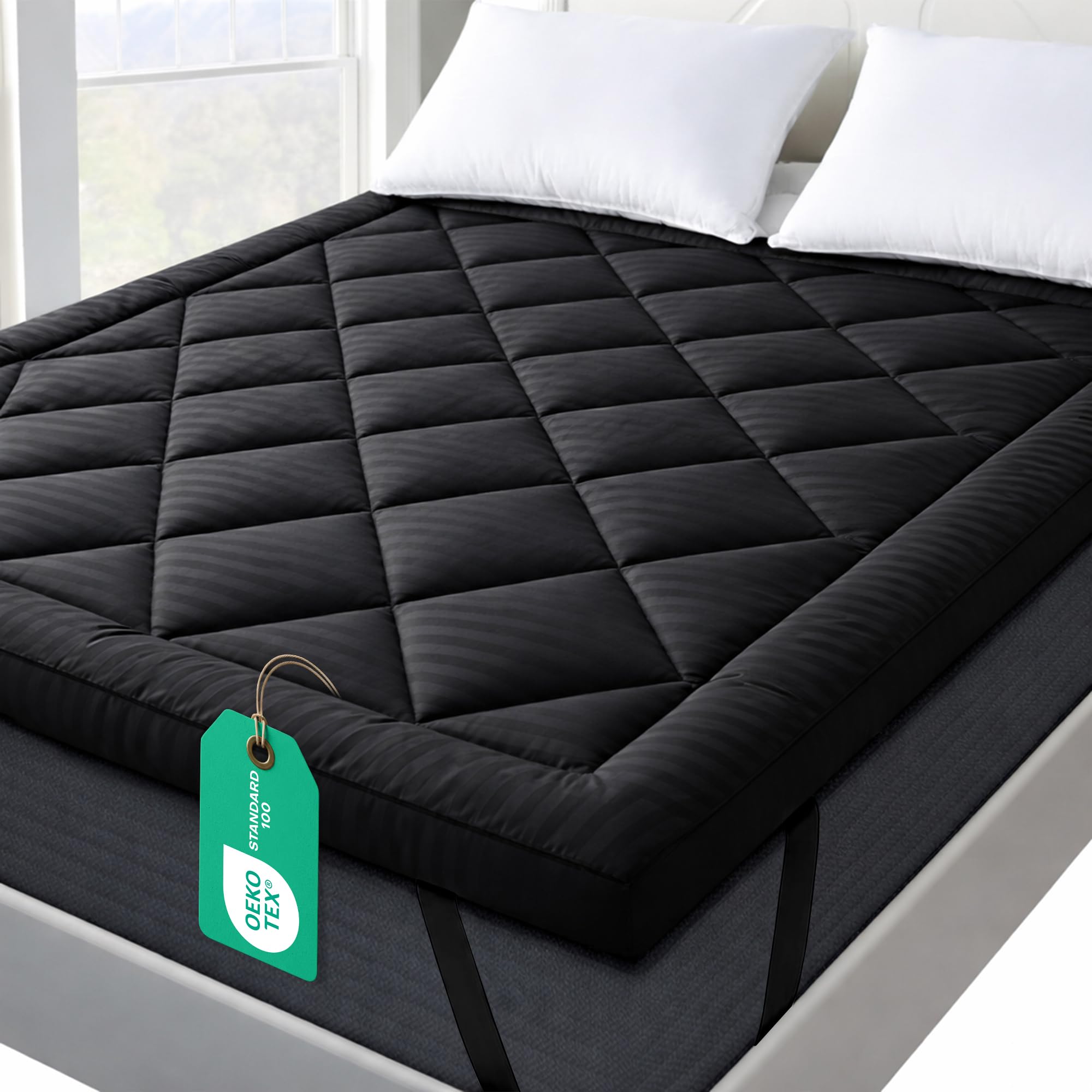 Linens World Mattress Topper Double Bed 10cm Thick, Quilted Super Soft Microfiber Topper, 1200GSM Anti-Allergy Fiber Fill, Washable with Strong Elastic Straps for Extra Comfort (137×190cm) — view 10