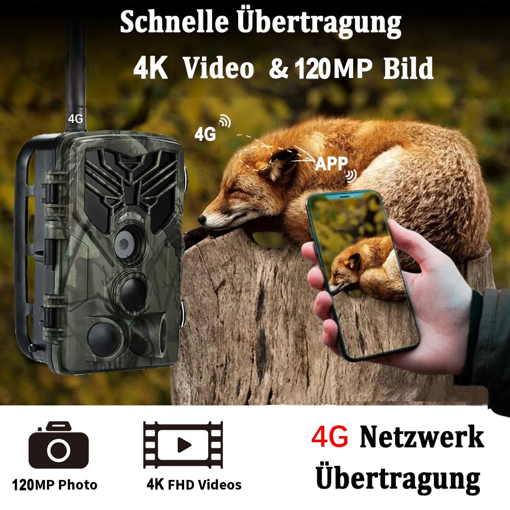 Wildkamera 4G APP, 120 MP 4K, Wildtierkamera mit SIM-Karte, Telefon-Sende-Foto, Nachtsichtkamera 850nm IR LED, Wildkamera mit Bewegungsmelder Nachtsicht, 120° Erfassungswinkel, IP65