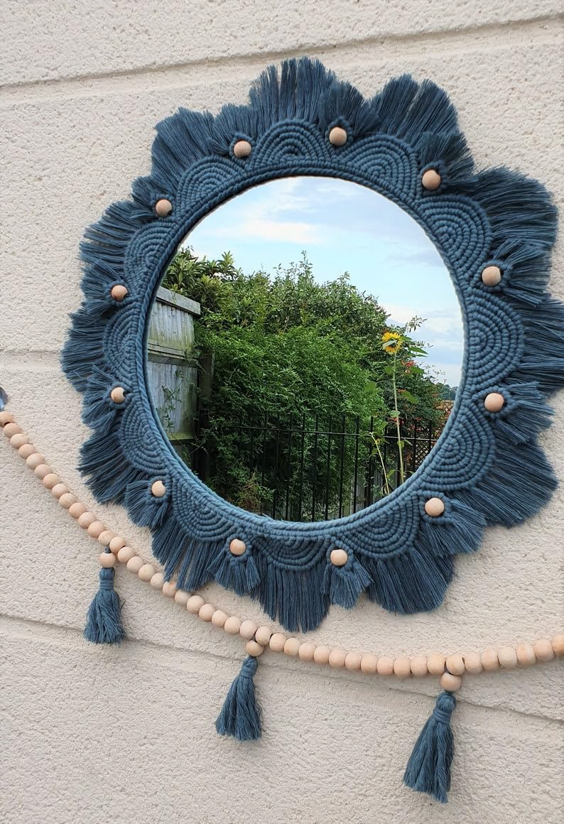 Macrame Wall Mirror with Fringe, Round Boho Decorative Mirror with Wooden Beads, Blue, 30 cm-image-3