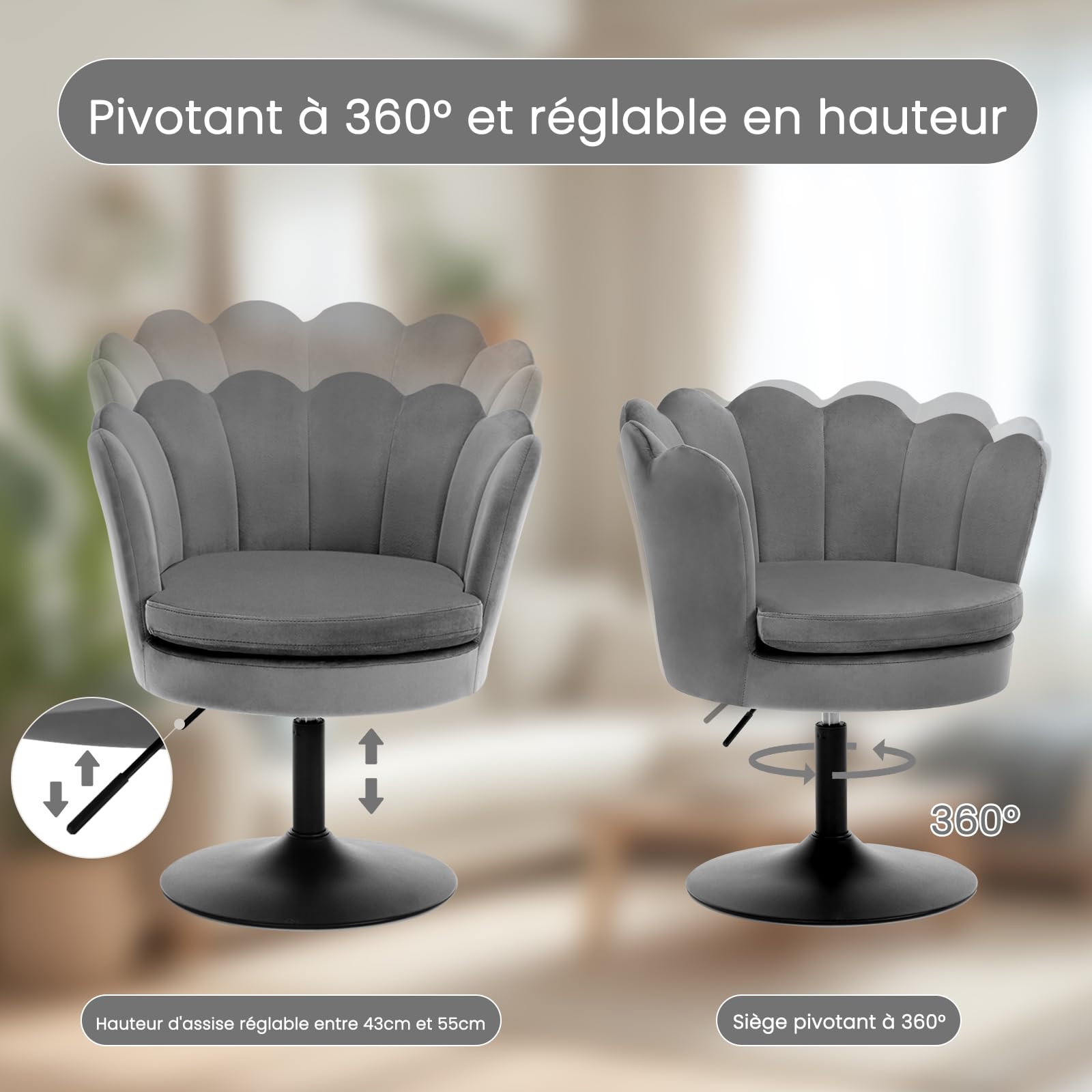 WOLTU Chaise de Coiffeuse, Fauteuil en Forme de Fleur avec Siège Rembourré, Pivotant 360°, en Velours pour Chambre à Coucher, Salon, Hauteur Réglable 43-55cm, Gris foncé, BH420dgr-