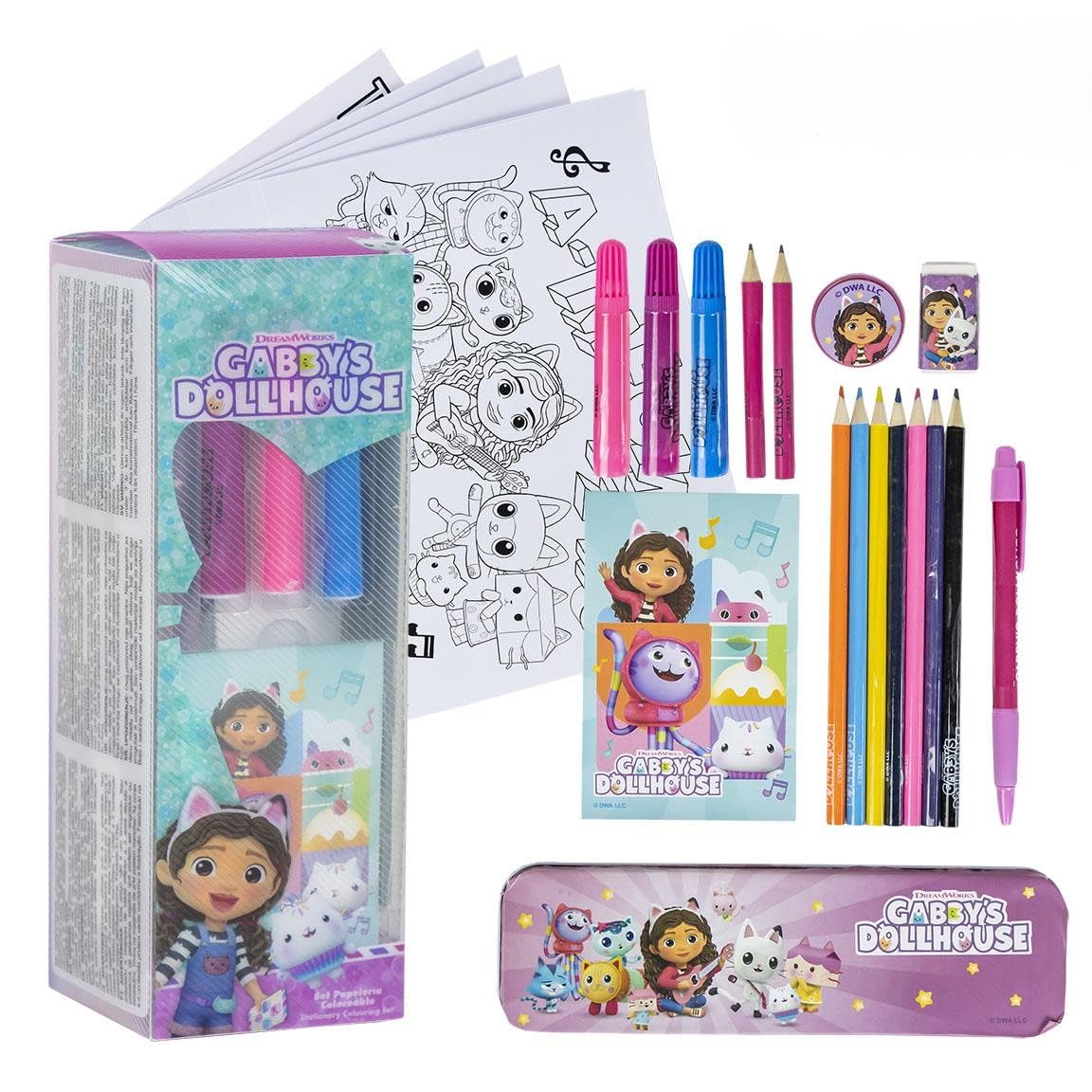 Gabby's Dollhouse Kids Stationery Set with Pencil Case, Colouring Pages, Pen, HB Pencils, Colour Markers, Colour Pencils, Notepad, Eraser & Sharpener – Official School Supplies Gift for Girls