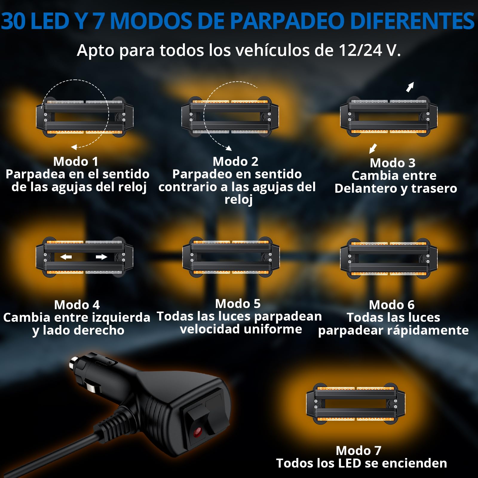 Luz Rotativa LED Magnética,Luz Estroboscópica Luz de Advertencia 12V/24V – 30 LED Ámbar con Cable 5 m, 7 Modos, Baliza Giratoria Impermeable IP65,Luz de Advertencia para Vehículos, Ámbar