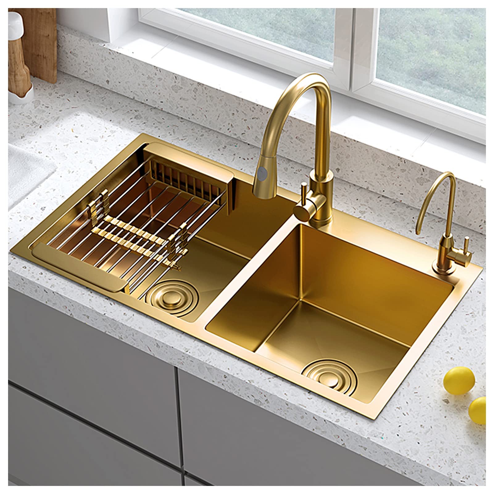 ZQFHSX Double Bowl Bar Sink Kitchen With Faucet Undermount 304 Stainless Steel Stepped Wash Basin (Color : Gold-e, Size 78x43x21cm)