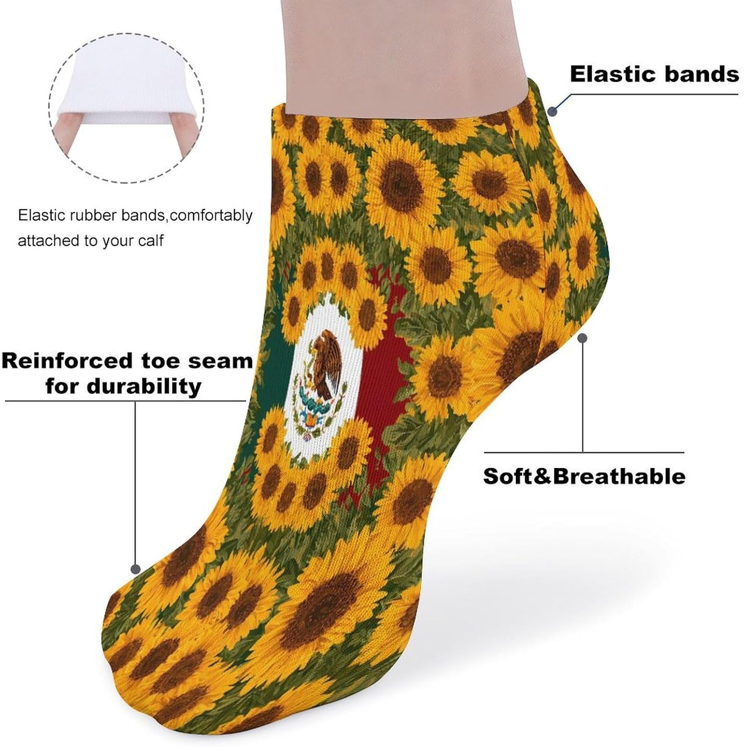 Mexican Flag Sunflowers Print Socks for Men Women 5 Pairs Ankle Socks