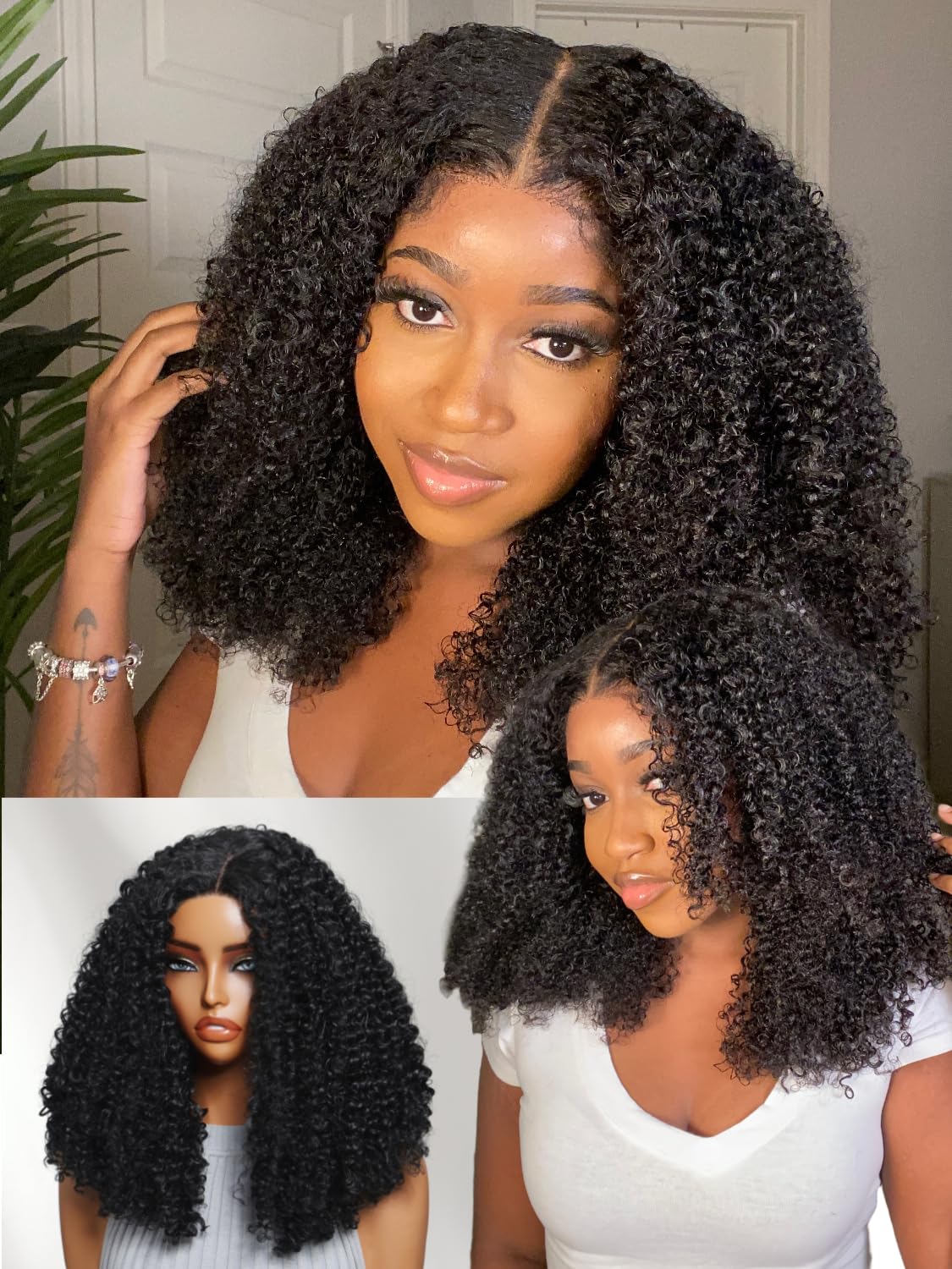 YIROO Curly Human Hair Wear and Go Glueless Bob Wig with Fiber Blend Pre Cut 4x4 Lace Closure 180% Density Pre Plucked Afro Kinky Curly Bob Wigs for Black Women 3S Put On and Go Bob Wigs 14Inch