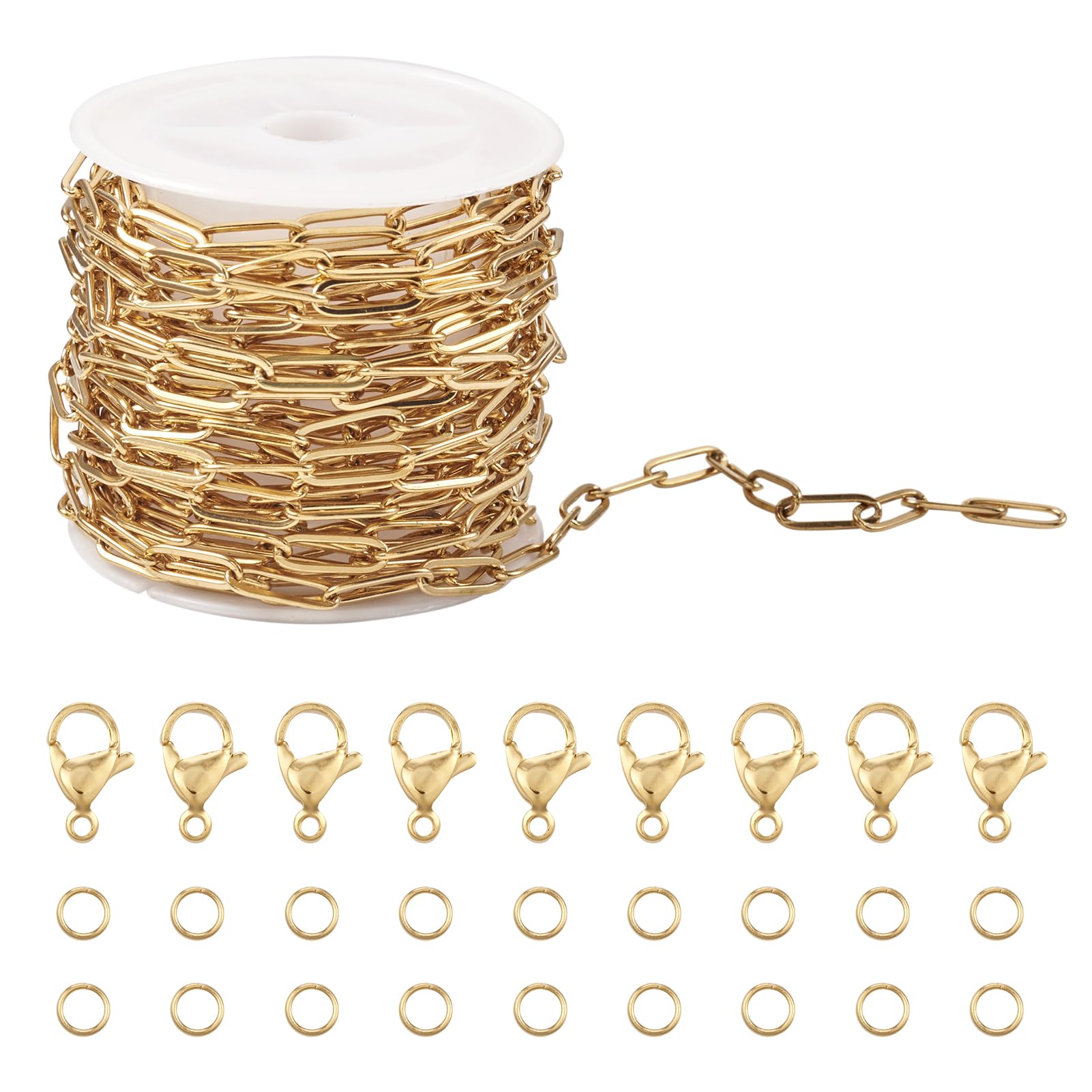 Pandahall 16.4 Feet 18K Gold Plated Stainless Steel Chains Flat Oval Paperclip Link Necklace Chains Bulk with Lobster Clasps Jump Rings for DIY Jewelry Making