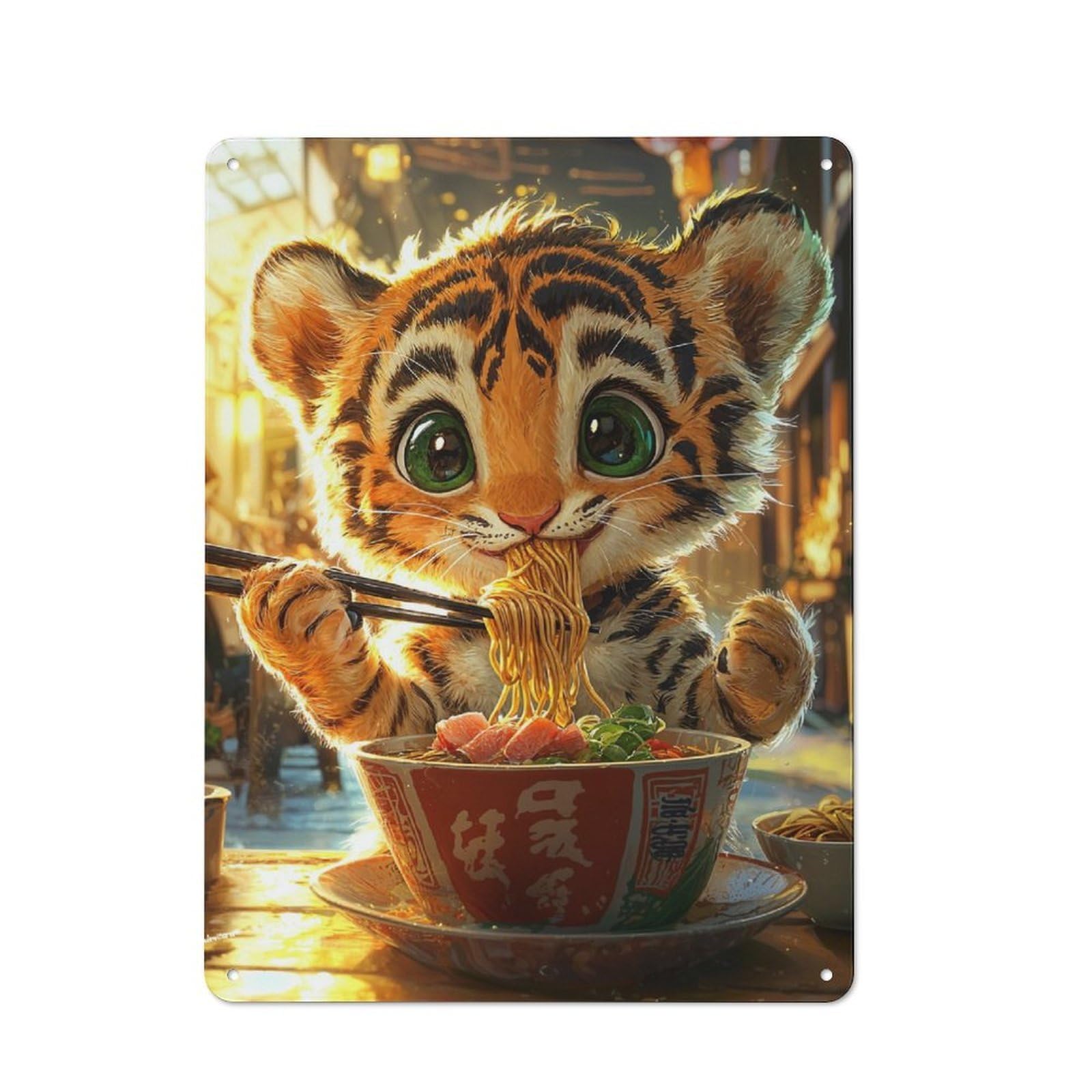 Junmoney Tiger Eating Ramen 40X30cm Rustic Metal Sign With For Home Office Or Studio, Gift For Studio Owners During The Christmas Season