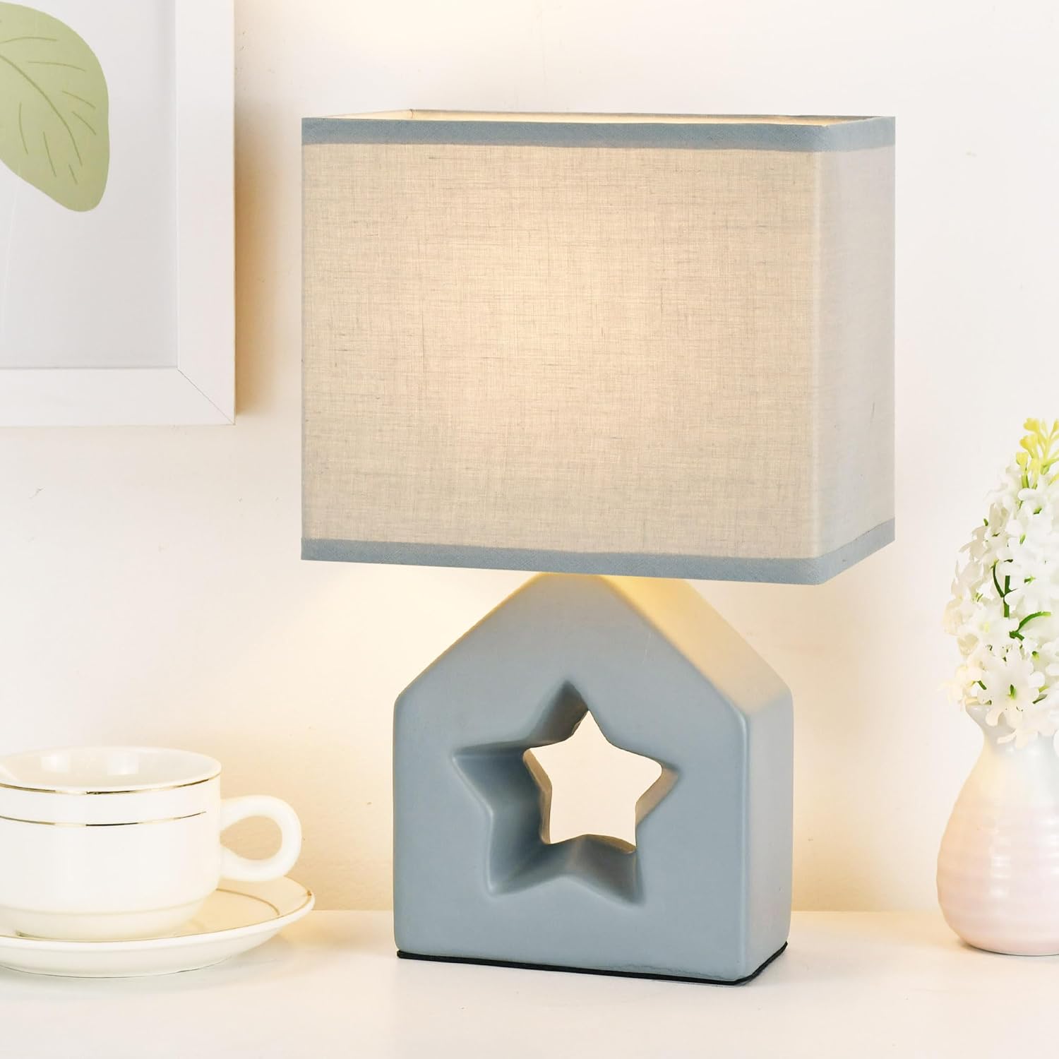 Lampwell Vera Light Grey Small Table Lamp for Living Room as Bedside Table Lamp for Bedroom,Modern Kids Night Ceramic Table Lamp, 6.69×4.72×H9.15IN,Bulb Excluded