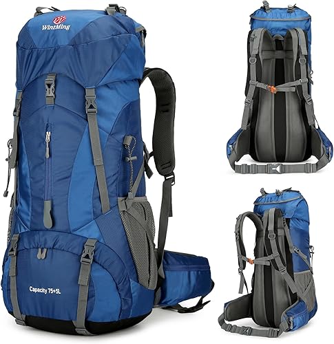 Mochila de senderismo de 75L para hombres y mujeres, mochila de camping impermeable al aire libre con cubierta de lluvia, Azul marino, Mochilas de