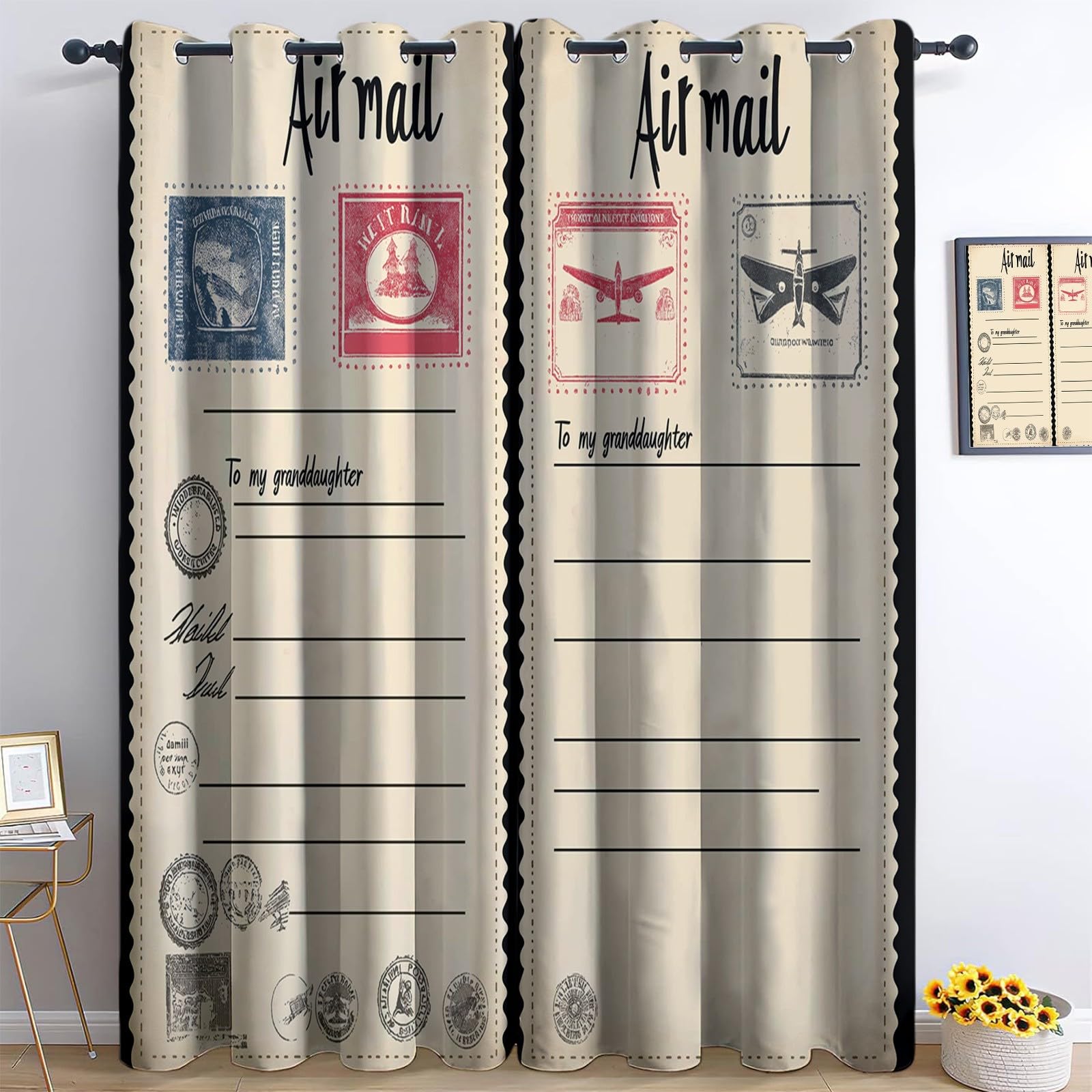 Rideaux occultants aviation vintage beige L140xH245cm | Isolation thermique lot de 2