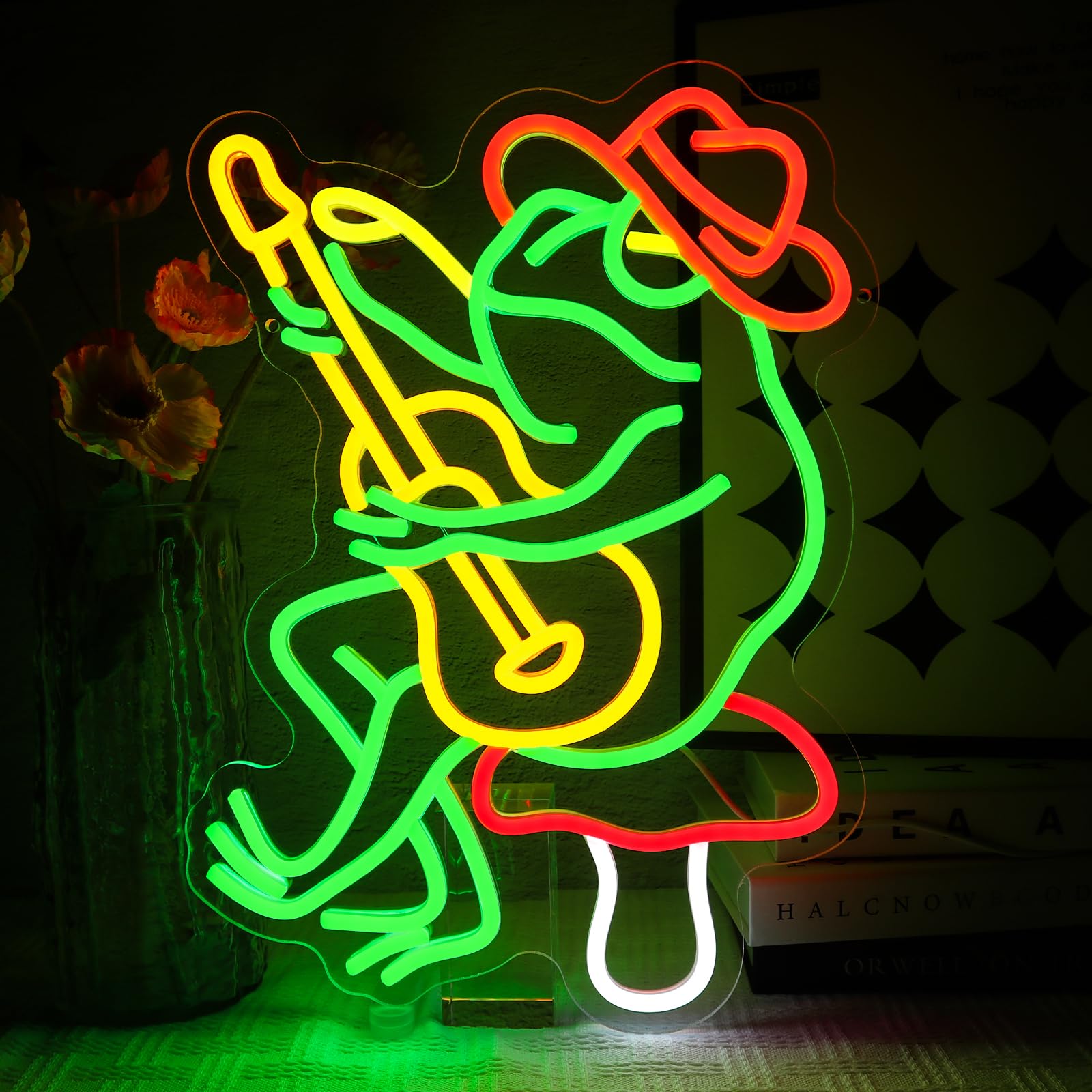 OYCGZV Frog Guitar Neon Sign for Wall Decor, Cowboy Frog Neon Light, Dimmable USB Funny Led Sign for Live Music Rock Bar Bedroom Game Zone Recording Room Studio Party Home Club