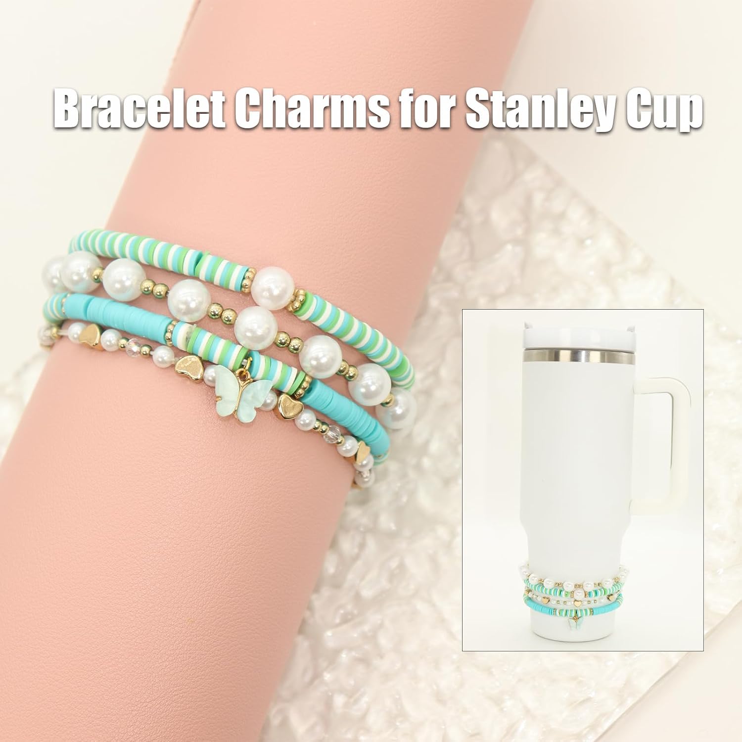 Bracelets for Stanley Cup Accessories，Butterfly Bracelet Stack Charms,4Pcs Beads Stack Charms for Stanley 30oz & 40oz Tumbler with Handle image 3