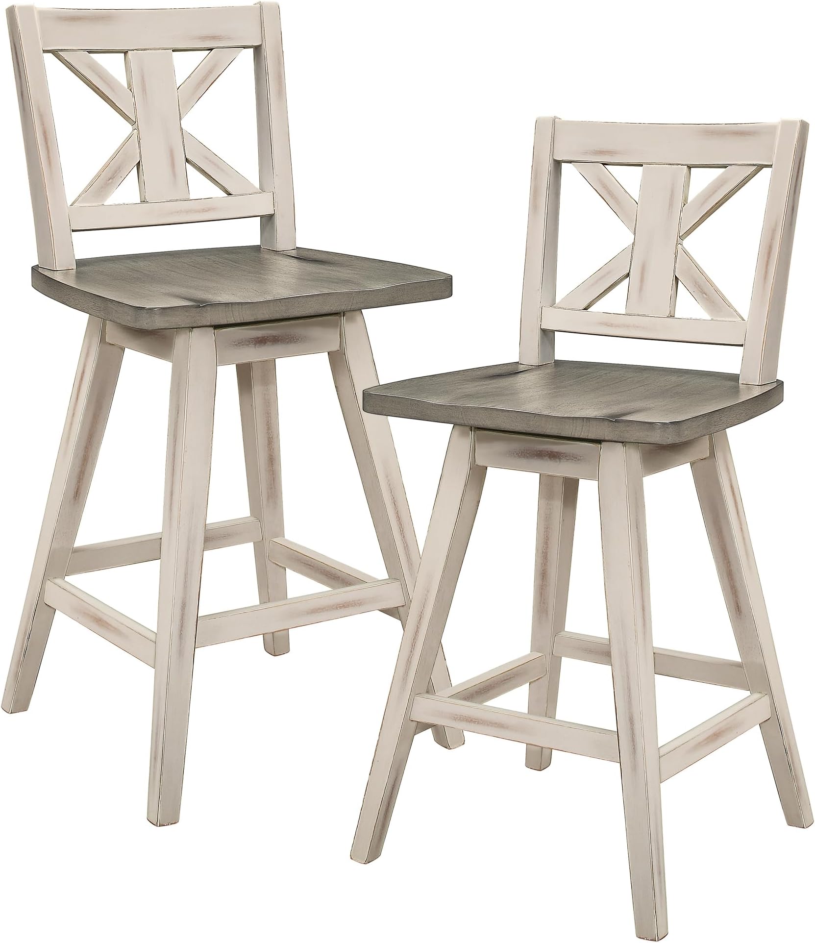 Lexicon Counter Height Stools Set of 2-Solid Wood Frame 360° Swivel Wooden Stools, Foot Rest, X Back, Wide Seat, Distressed Farmhouse Easy to Clean Finish, 24" SH, Antique White/Grey