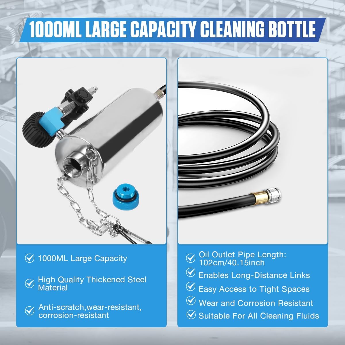 Fuel Injector Cleaner Kit 1000ML 150PSI Non-Dismantle Fuel Injector Tester and Cleaner Kit, throttle valve/TWC/exhaust pipe/intake manifold Cleaning Tool with 40pcs Accessories, for All Petrol Cars