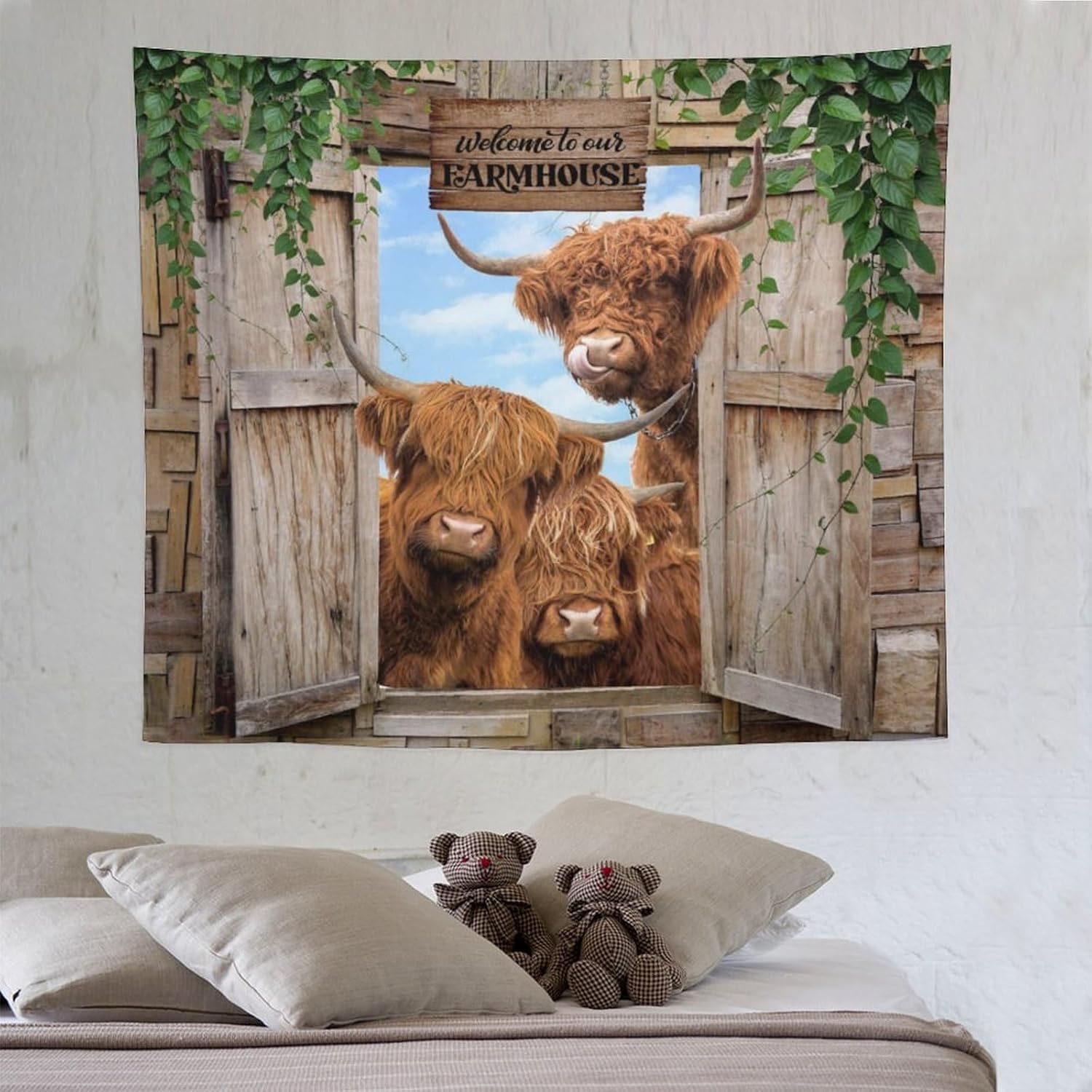 Highland Cow Tapestry,Rustic Farmhouse Western Wildlife Country Farm Animal Wall Hanging Tapestries Home Decor Art for Living Room Bedroom Dorm 90"x60"