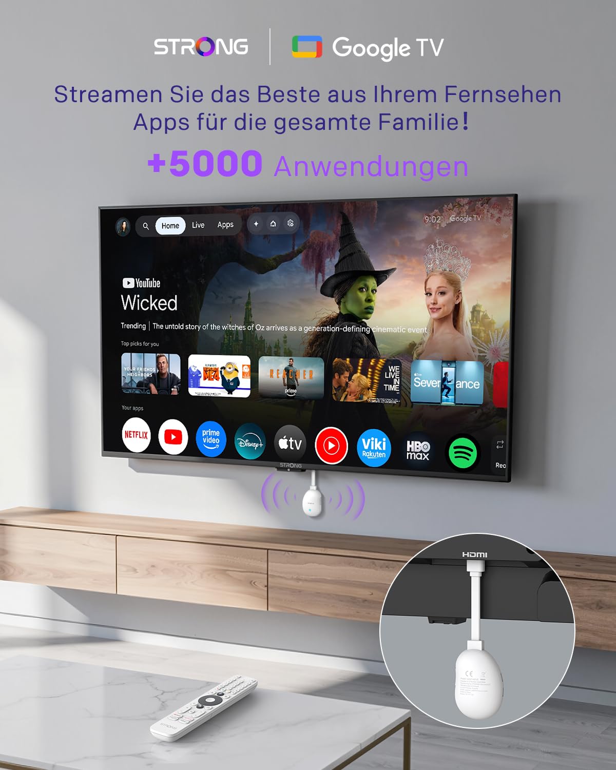 STRONG LEAP-Neve 4K UHD Google TV Streaming Stick Mit Integriertem Google Cast, 2GB RAM + 8GB Flash-Speicher, WLAN 6, Android 12, Ethernet-Anschluss, Dolby Vision & Dolby Audio - Weiß