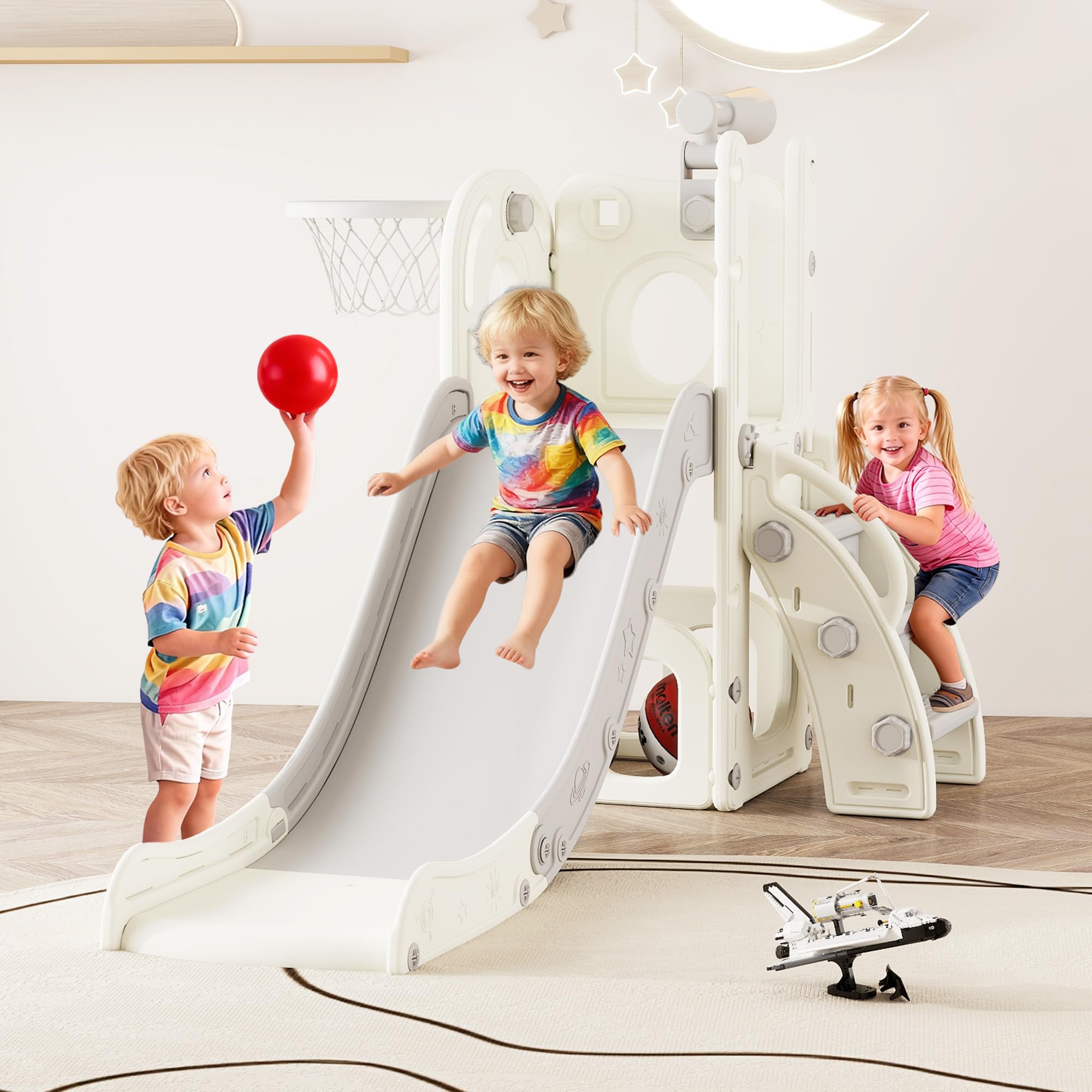 GITAWUSA 6 in 1 Toddler Slide for 1-3, Indoor Outdoor Playset, Kids Slide with Climber, Basketball Hoop, Storage, Telescope, L Shaped Slide (White