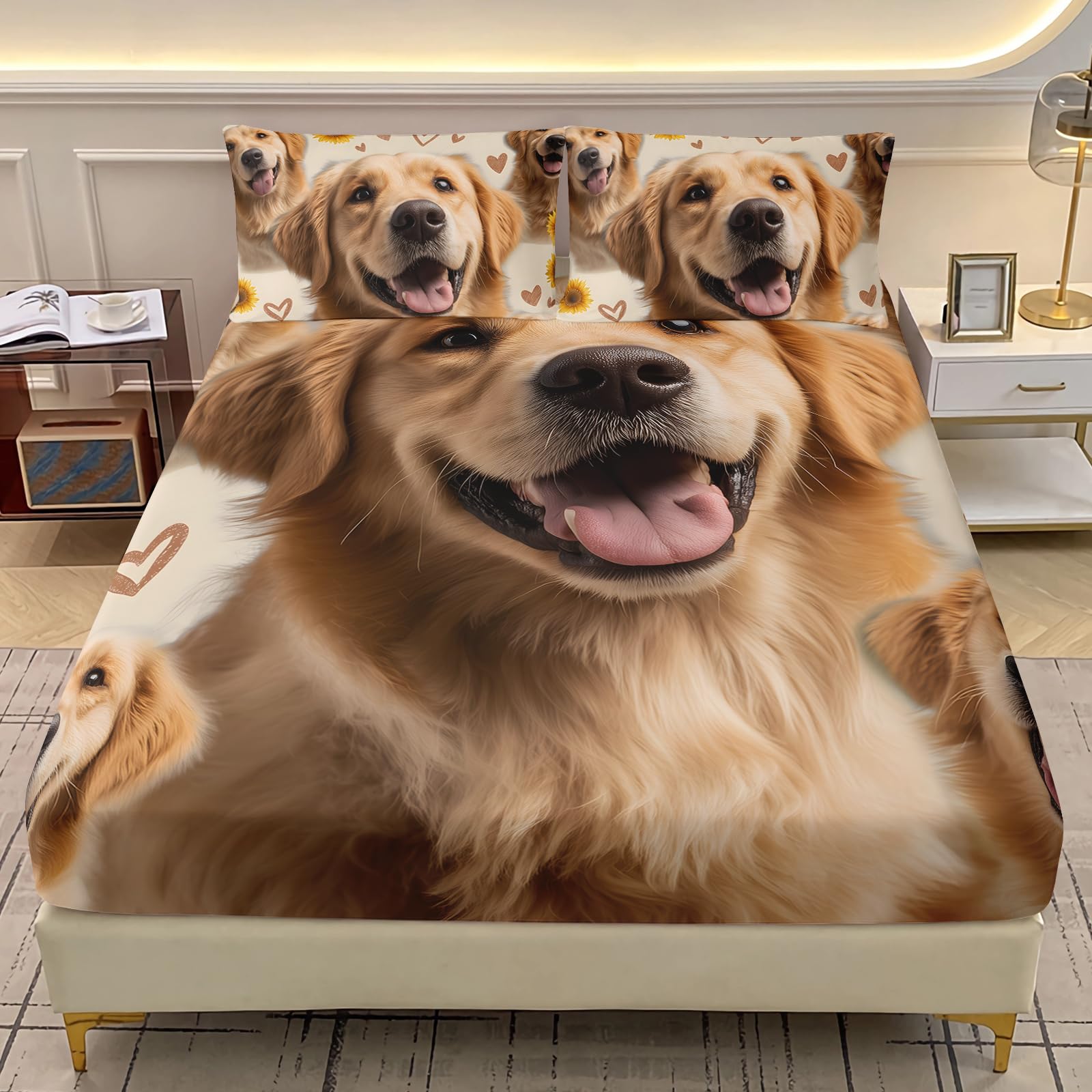 AILONEN Cute Puppy Fitted Sheet Queen Size with 2 Pillowcases,Kawaii Golden Retriever Bedding Set 3Pcs for Dog Lovers,Sunflower Hearts Pattern Bedsheet Set