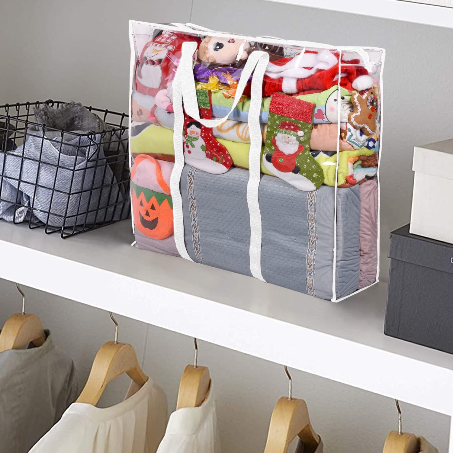 ProPik Clear Storage Bag Gift Wrap Clothes Organizer Big Zippered Christmas Decorations Storage Vinyl Bag for Under Bed Moving Bedding Linen Pillow Blanket Cloth Bag Reinforced Handles (White, 3)