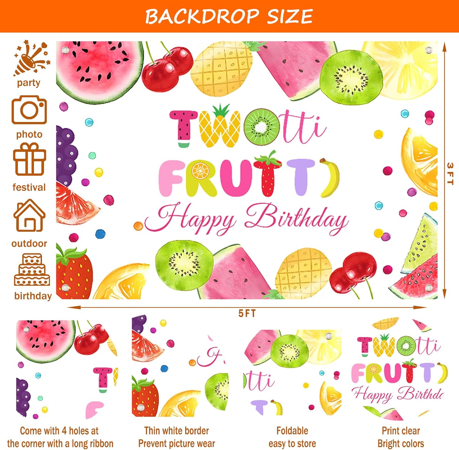 Twotti Fruity Birthday Decorations, Fruit Themed 2nd Tutti Frutti Party Decorations Backdrop Balloon Garland Glitter Banner Cake Cupcake Topper Box Cutout Crown Poster Summer Luau 155 PCs