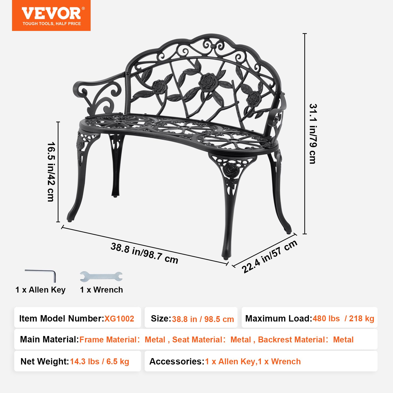 VEVOR, Banco de jardín de Metal de 38.8 Pulgadas para Exteriores, Negro, 38.8 Pulgadas