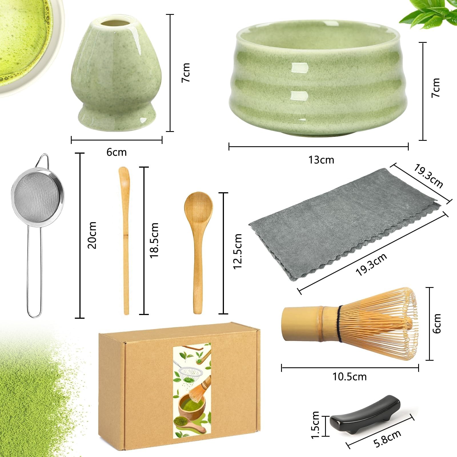 8 Pezzi Matcha Kit, Matcha Tea Kit, Ciotola Matcha, Matcha Whisk, Supporto Chasen, Cucchiaio di Matcha, Setaccio, Tovagliolo da Tè, Portacucchiaio, Set Matcha per Principianti Regalo