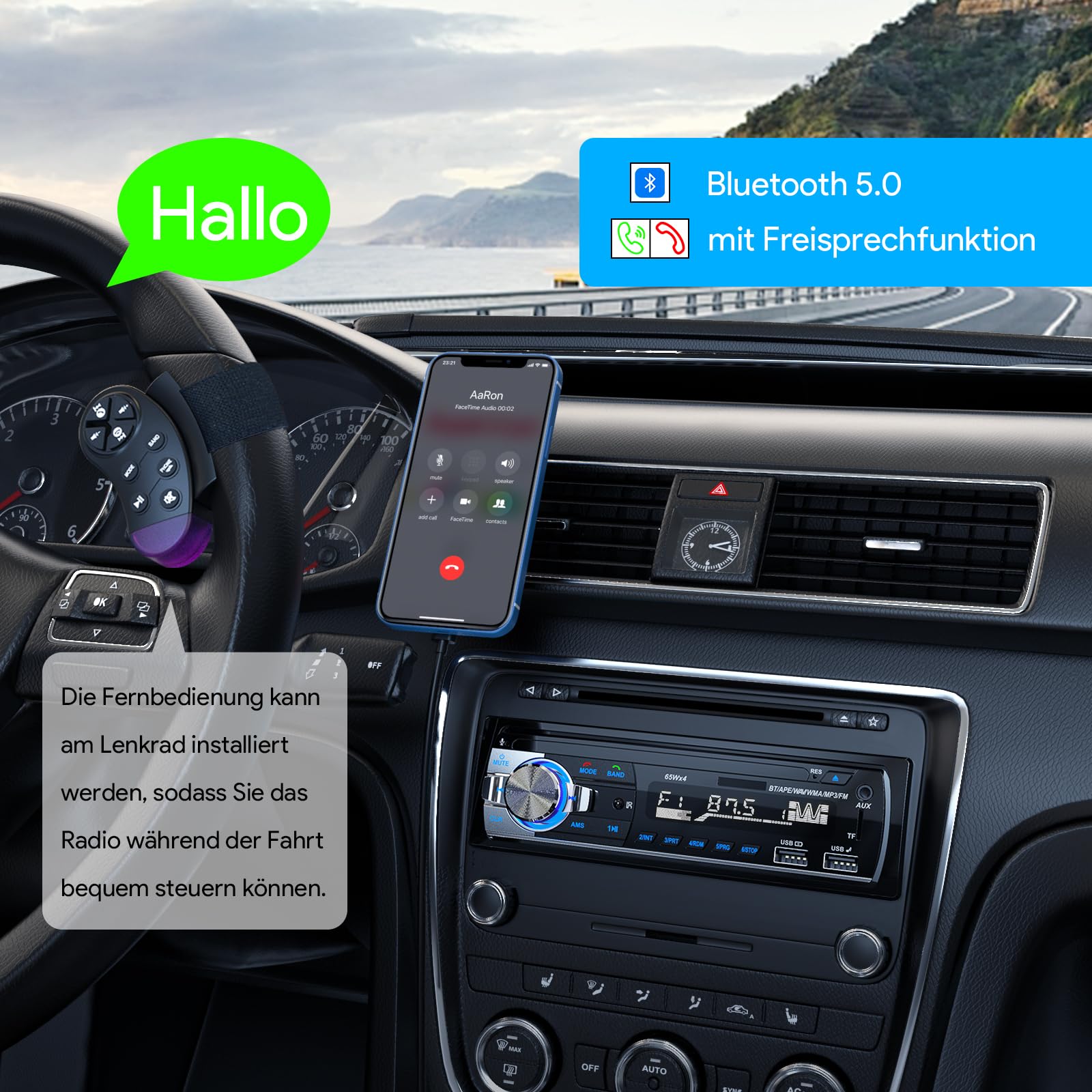 RDS Autoradio Bluetooth 5.0, CENXINY Auto Radio Bluetooth Freisprecheinrichtung, 4x65W 1 Din Autoradio mit Uhr/Fernbedienung MP3 Player unterstützt 2 USB/AUX-Eingänge/TF/SD/FM/iOS Android(Keine CD)