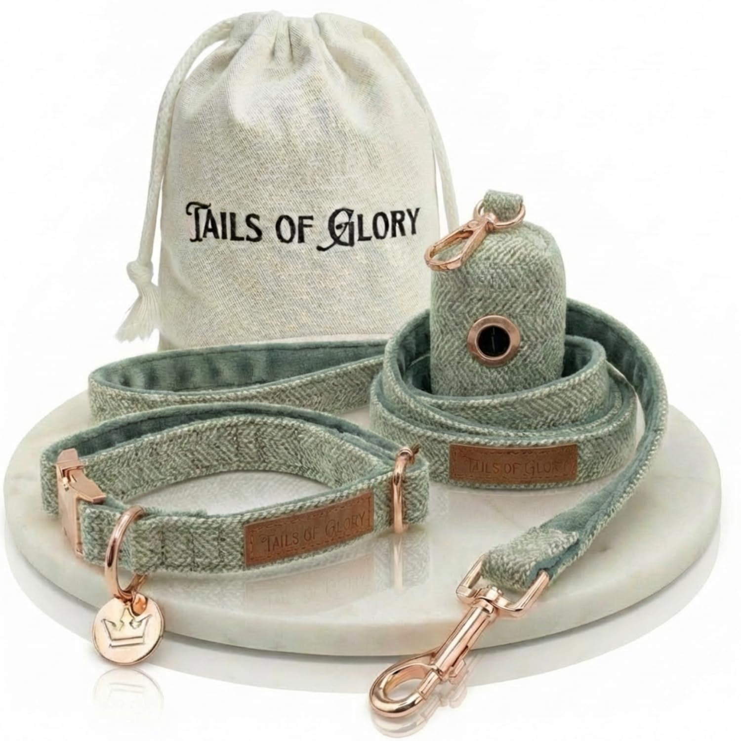 Luxury 3-Piece Small Dog Collar and Lead Set – Contains: 1 Green Collar Small Size Adjustable, 1 Leash 150 cm, 1 Poo Bag Holder – English Tweed & Soft Velvet – Elegant, Comfortable & Practical