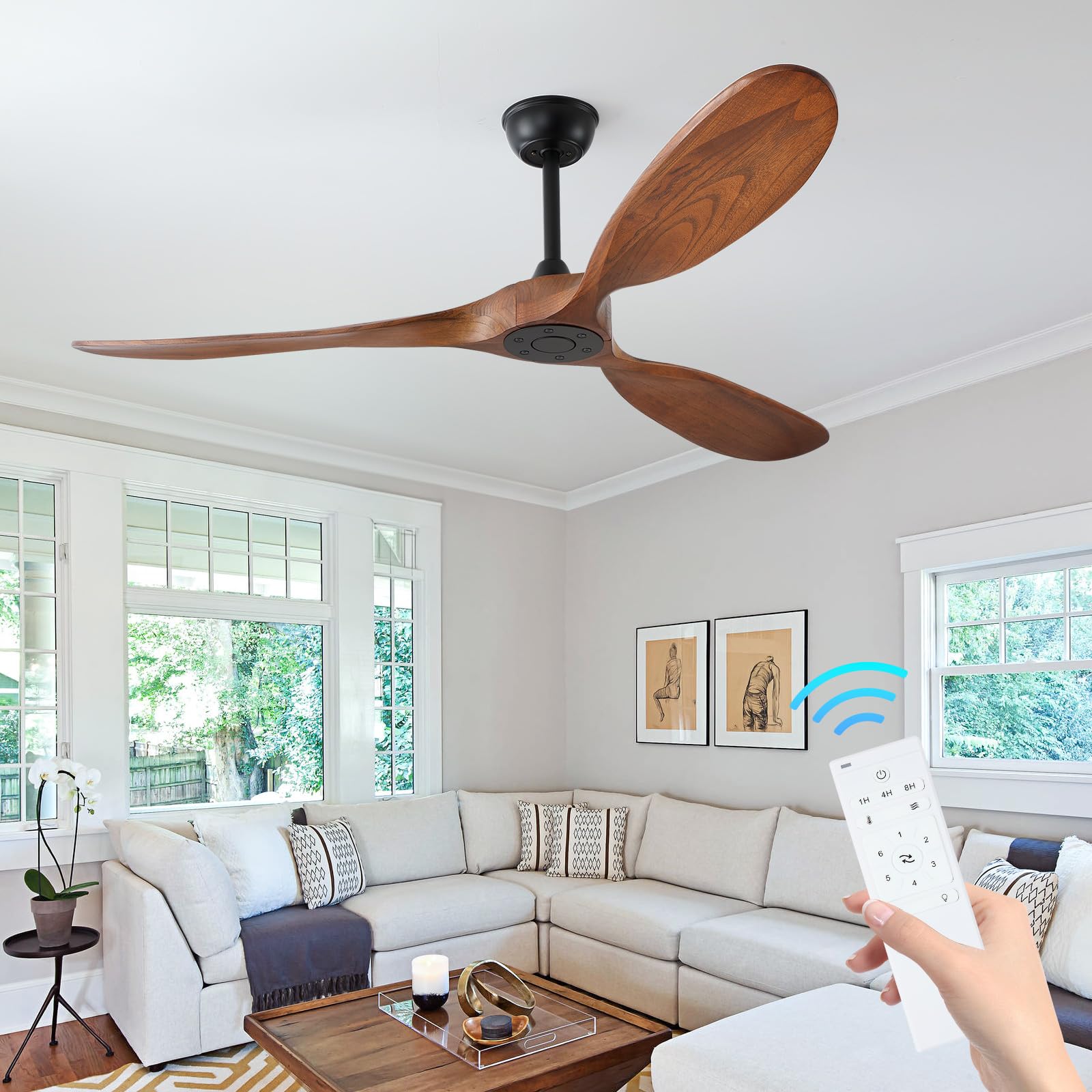 60 inch Ceiling Fan Without Light, Ceiling Fan no Light with Remote Control and Quiet DC Motor, Outdoor Ceiling Fans for Patios Without Lights, Solid Wood 3 Blades, ETL Listed- Walnut Wood