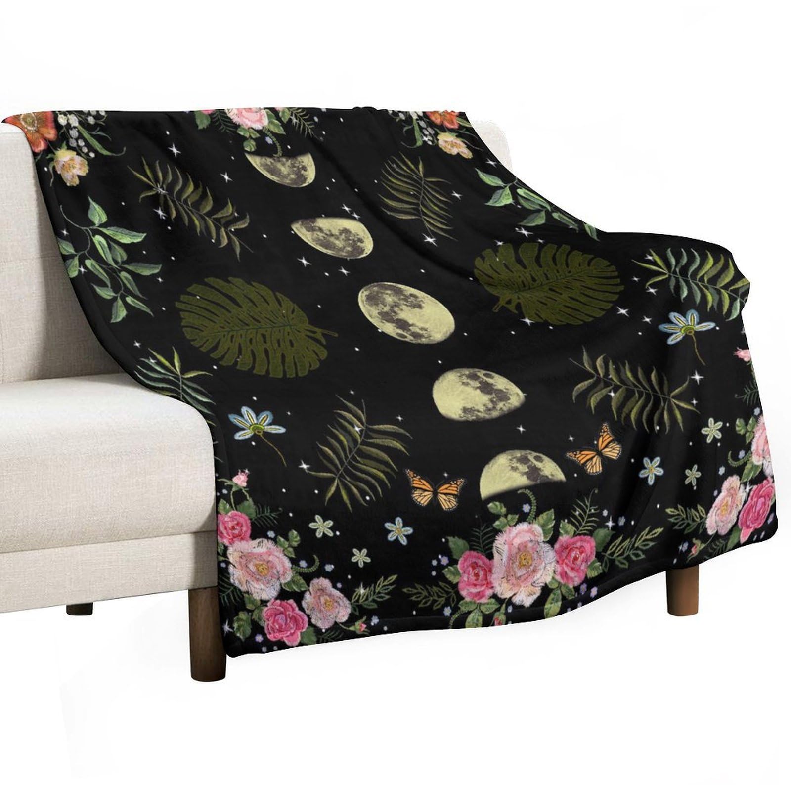 Moon Phase Blanket Moonlit Goth Gothic Witch Witchy Celestial with Butterfly Floral Leaves Mysticism for Bed Sofa Super Soft Cozy Shaggy Blanket for Trave and Camping 50"x60"