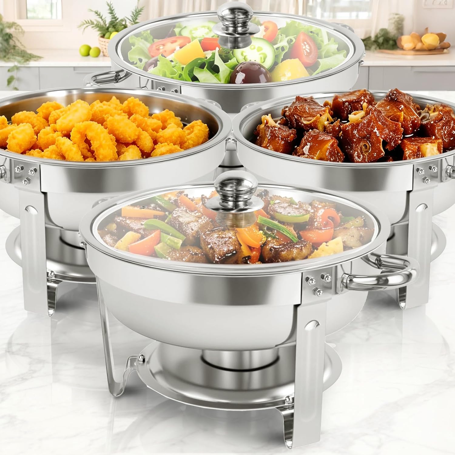 Chafing Dish Full Set, Round 6QT Stainless Steel Catering Chafer with Glass Lid, Buffet Food Warmers for Parties Events Weddings, Silver, 4 Pack
