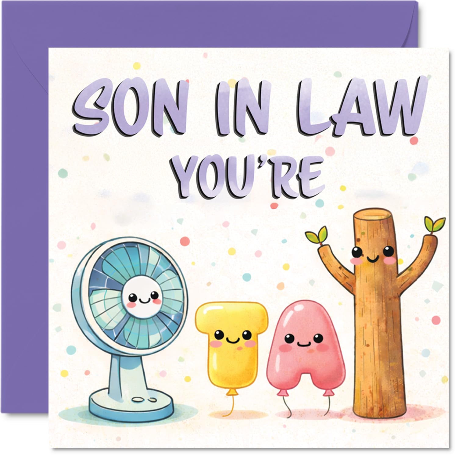 Playful Birthday Card for Son in Law - Bursting with Birthday Cheer - Cute Cartoon Characters in Pastel Purple - 145mm Square, Envelope Included