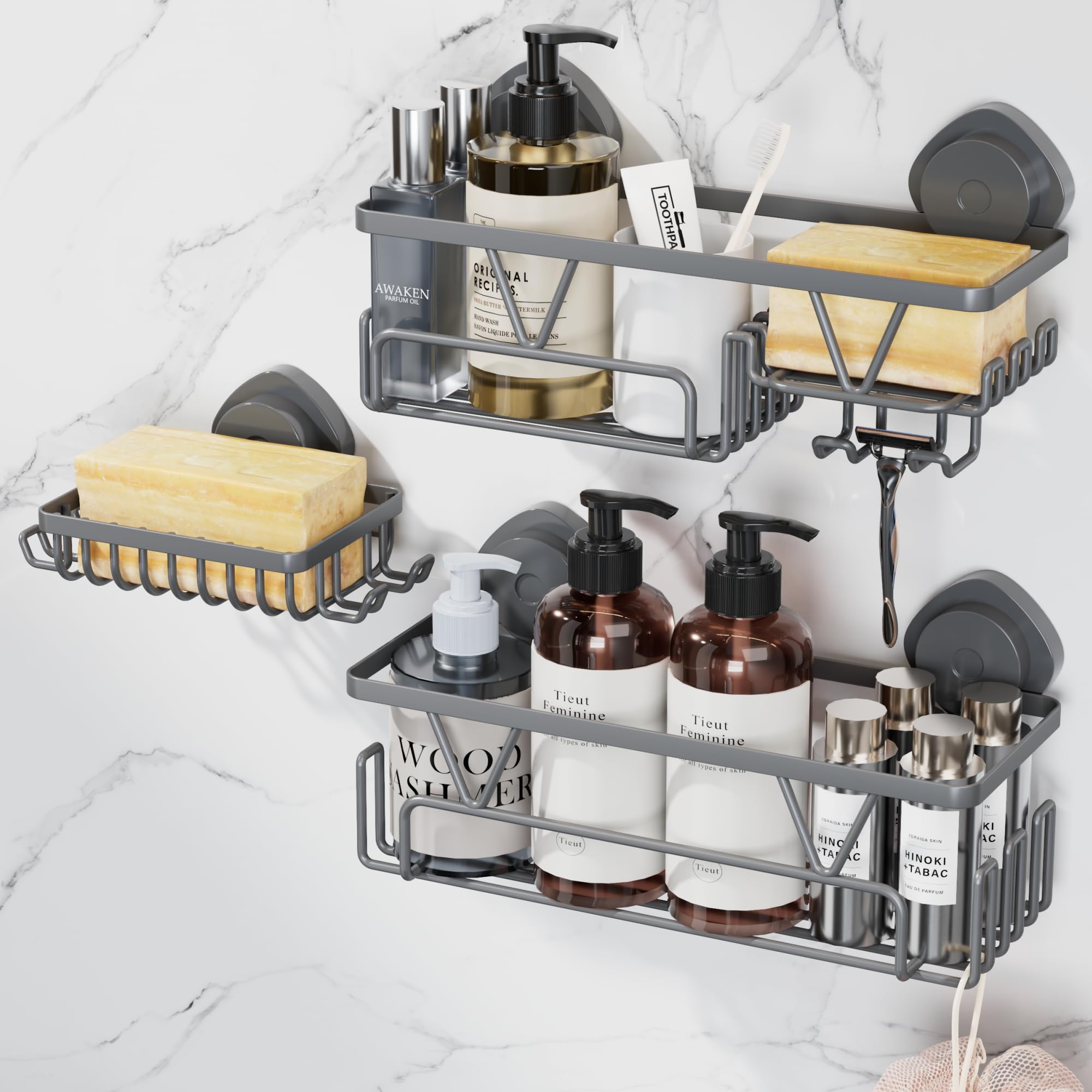 KEGII Suction Cup Shower Caddy – 3 Pack Suction Cup Shelf with Soap Holder & Hooks, Rustproof Stainless Steel Shower Organizer, Removable No Drilling Bathroom Storage Rack, Dark Gray
