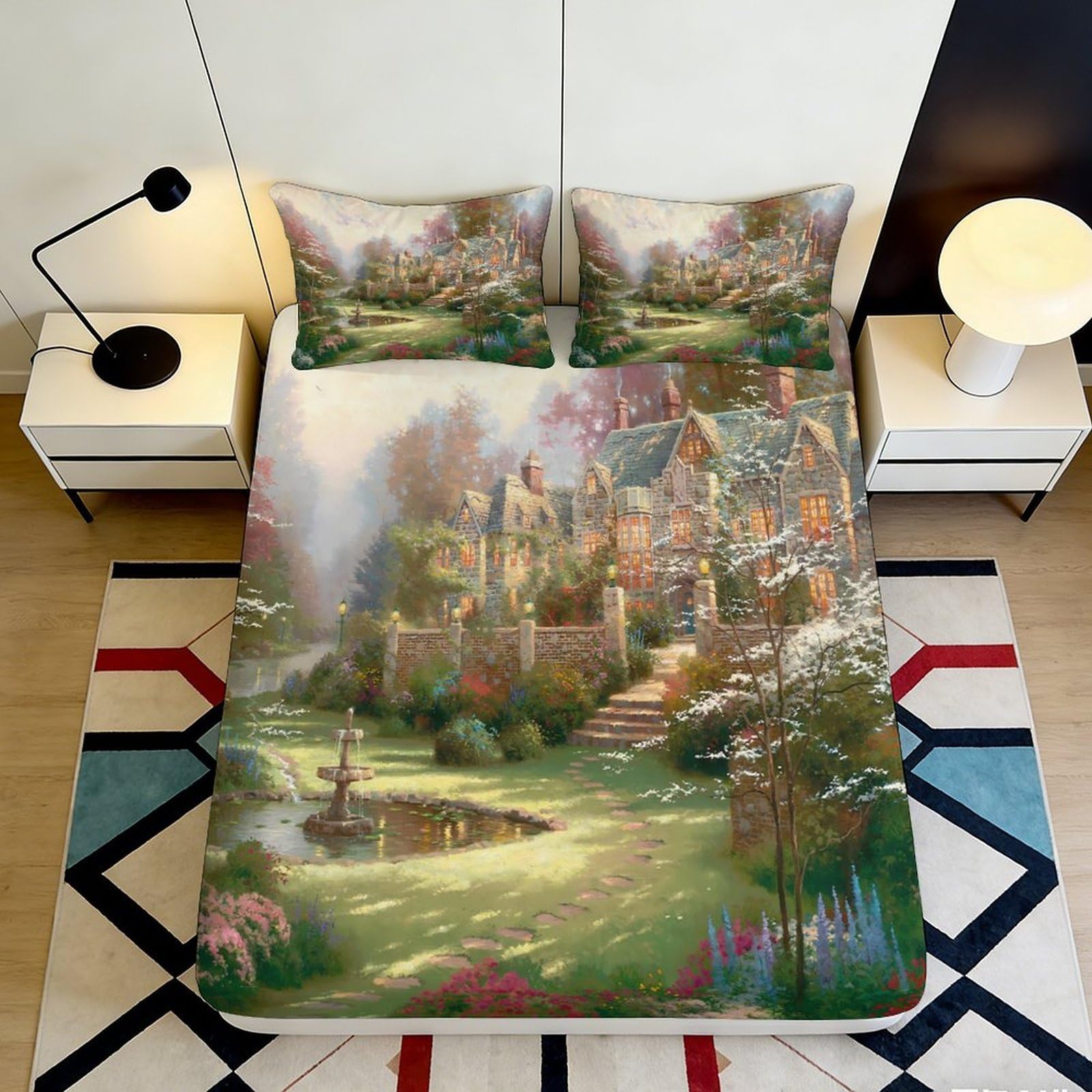 3D Printed Countryside Scene Fitted Sheet Microfiber Deep Pocket Non-Slip Landscape Mattress Fitted Cover for Bedroom 180x200x25cm