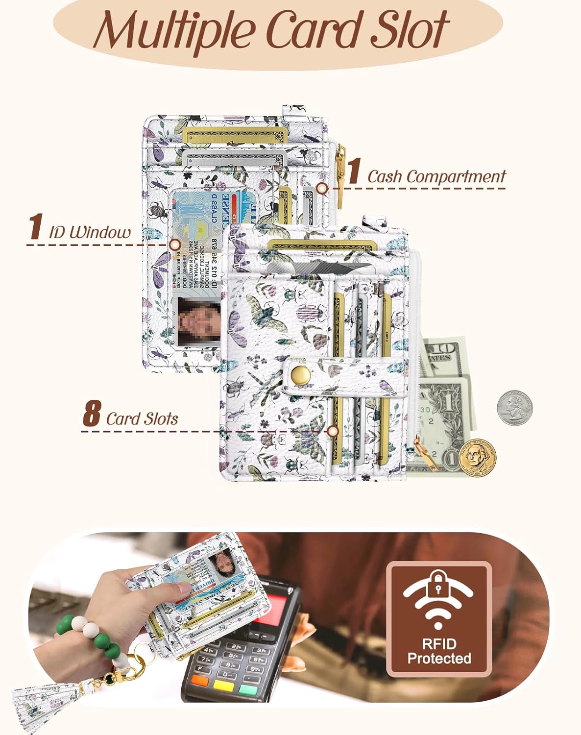 Bistup Wallet Keychain Wristlet for Women - Credit Card Holder Wallets Key Chain Ring Cute Design Slim Small RFID Coin Pocket Purse for Ladies Teen Girls Fashion Insect - Image 4