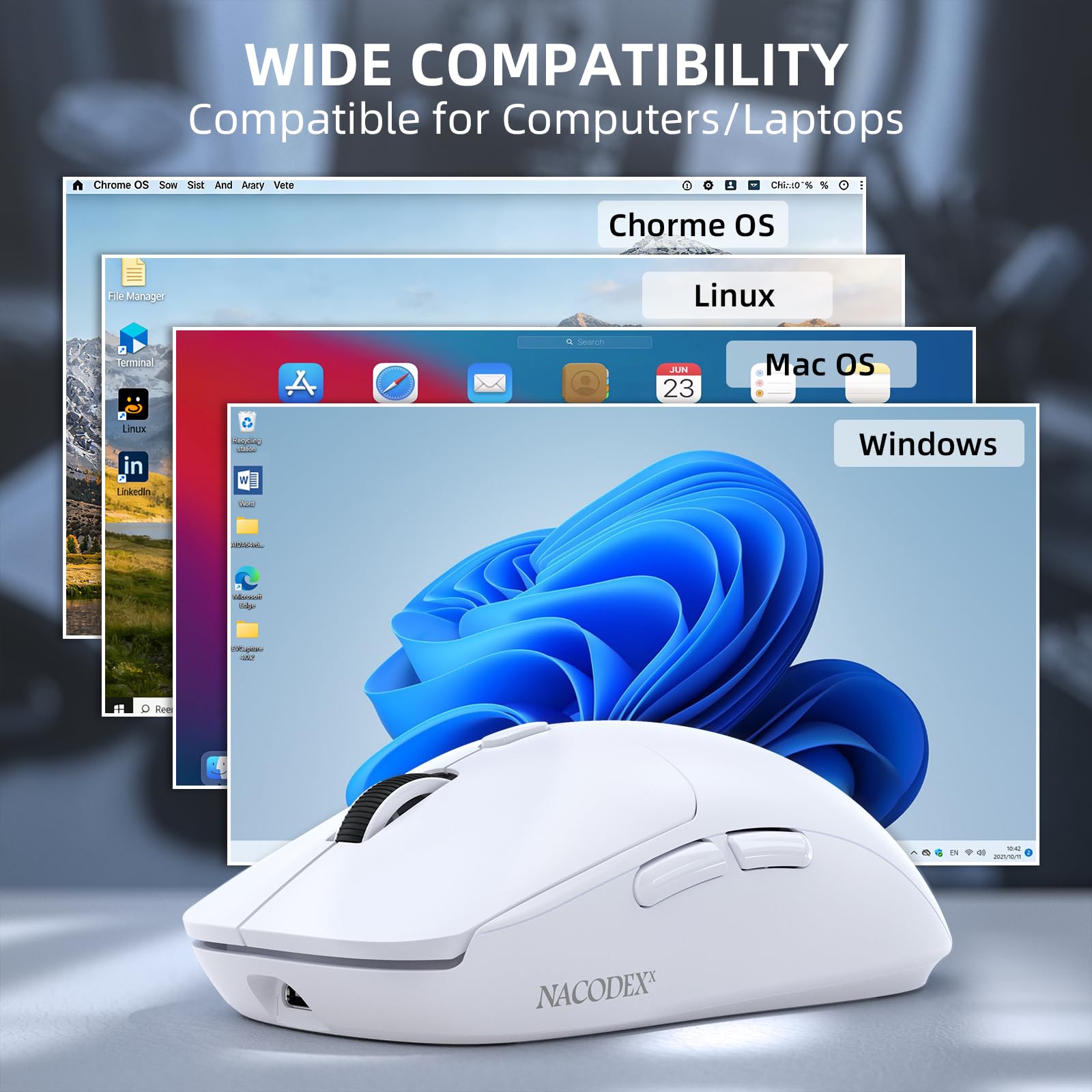 A.JAZZ SUPERLIGHT NJ07 Mouse Wireless Per Computer, BT/2,4G/USB-C, Leggero 67g, 12800 DPI, Batteria da 300 mAh, 1K Polling Rate, Ergonomico, Mouse da Gioco Ufficio Silenzioso e Senza Fili - Bianco