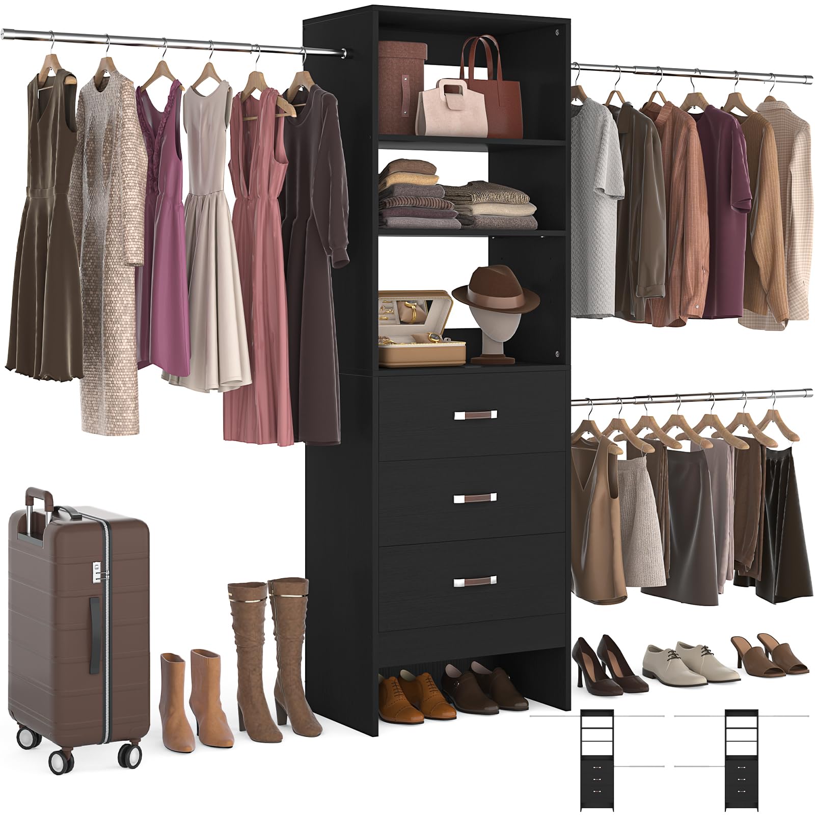 Homieasy 96 Inches Closet Organizer System, 8FT Customizable Walk In Closet Organizer with Hanging Rods, 3 Drawers Garment Rack with Leather Handle , 96