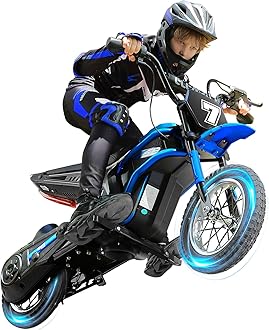 ELEMARA Electric Dirt Bike, 24V Ride on Toys for Big Kids, 350W Kids Motorcycle with Music & Bluetooth, 15.5 mph & 150lb Max, Twist-Grip Throttle & Hand-Operated Rear Brake, 12" Air-Filled Tires-Blue