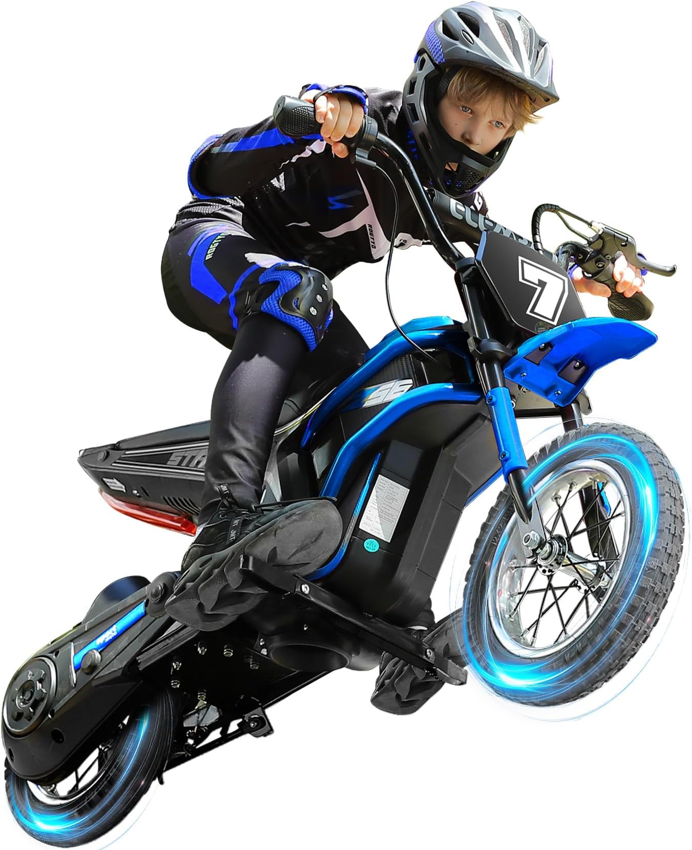 ELEMARA Electric Dirt Bike, 24V Ride on Toys for Big Kids, 350W Kids Motorcycle with Music & Bluetooth, 15.5 mph & 150lb Max, Twist-Grip Throttle & Hand-Operated Rear Brake, 12" Air-Filled Tires-Blue