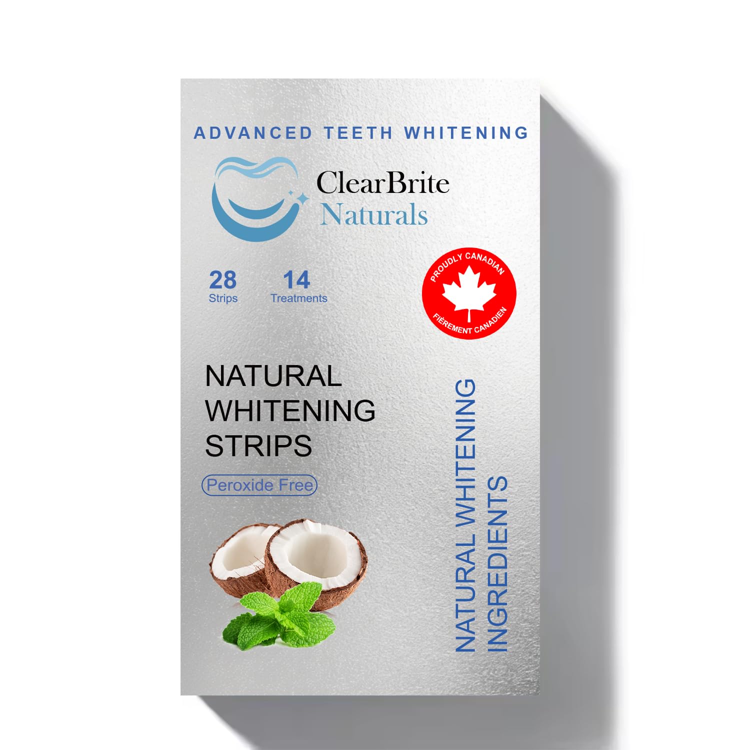 Proudly Canadian ClearBrite Naturals Whitening Strips, Peroxide Free, Coconut Mint Flavour, Natural Active Ingredients, 28 Strips (14 Treatments)