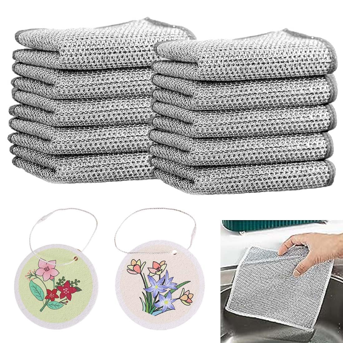 10 Unidades Paños de alambre multiusos y 2 Esponja para lavar platos en seco mojad,Paños de Alambre Multiusos Trapos de Alambre para Lavar Platos Reutilizable Paños, paños de cocina