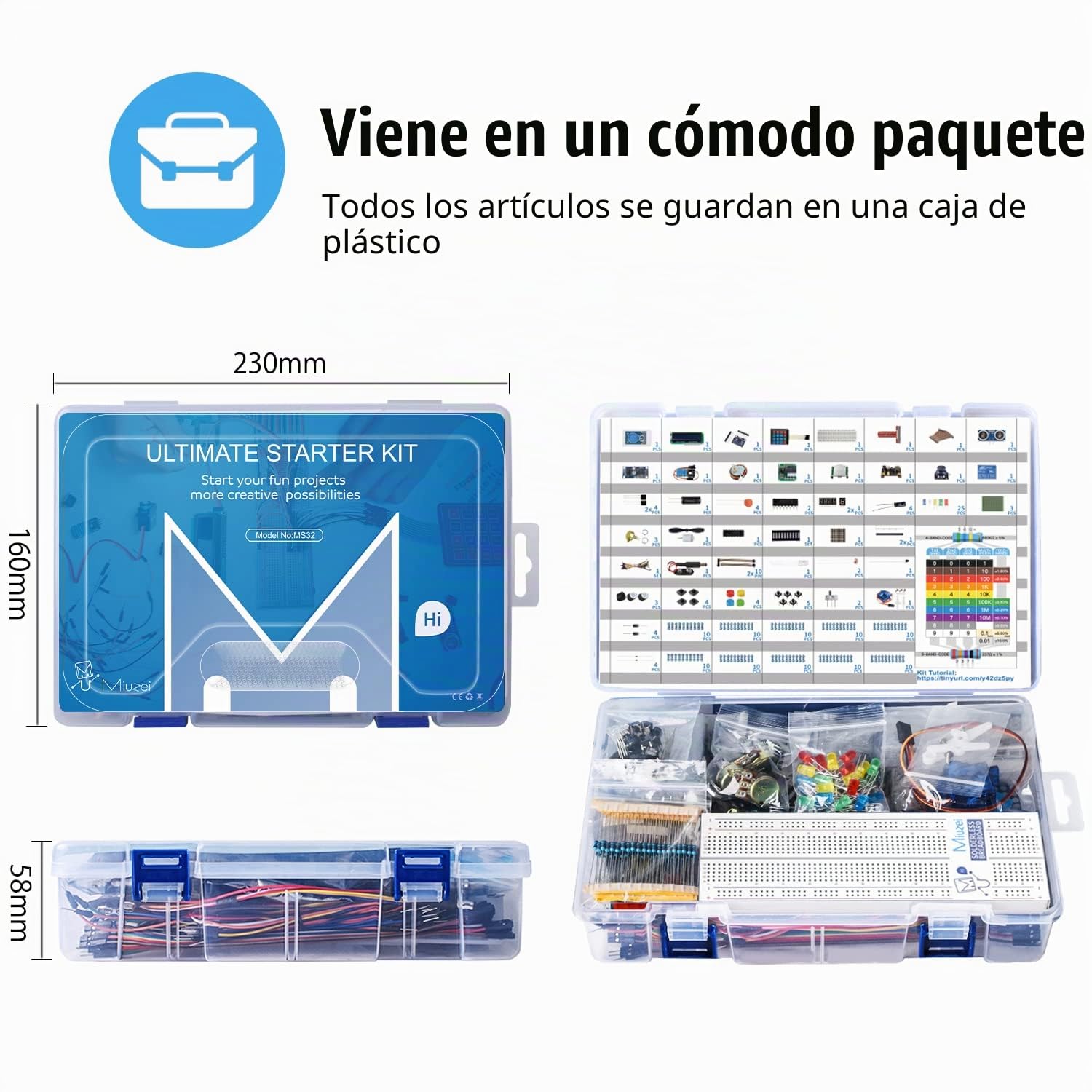 Miuzei Starter Kit Compatible con Arduino-Electrónica Kit con Protoboard con 58 Lecciones, 235 Componentes LC Display, Plug-in Board, Sensores, Relés, GPIO Extensión, Compatible con Raspberry Pi Curso