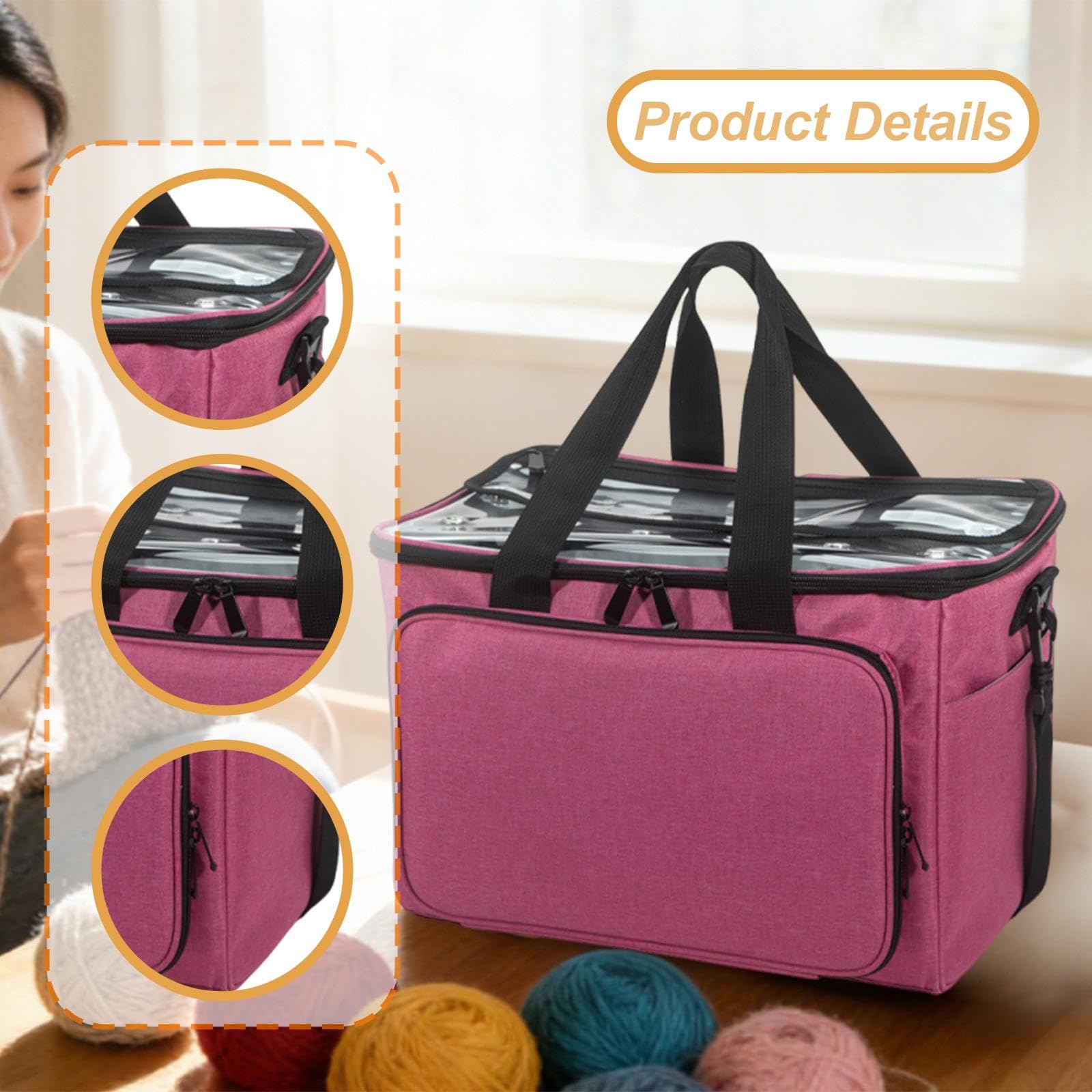 perfk Bolsa de Tejer, Bolsa de Crochet, Estuche para Hilo, Kit de Bordado, Aguja de Tejer, Accesorios para Manualidades, Crochet para Principiantes, Rosa Roja