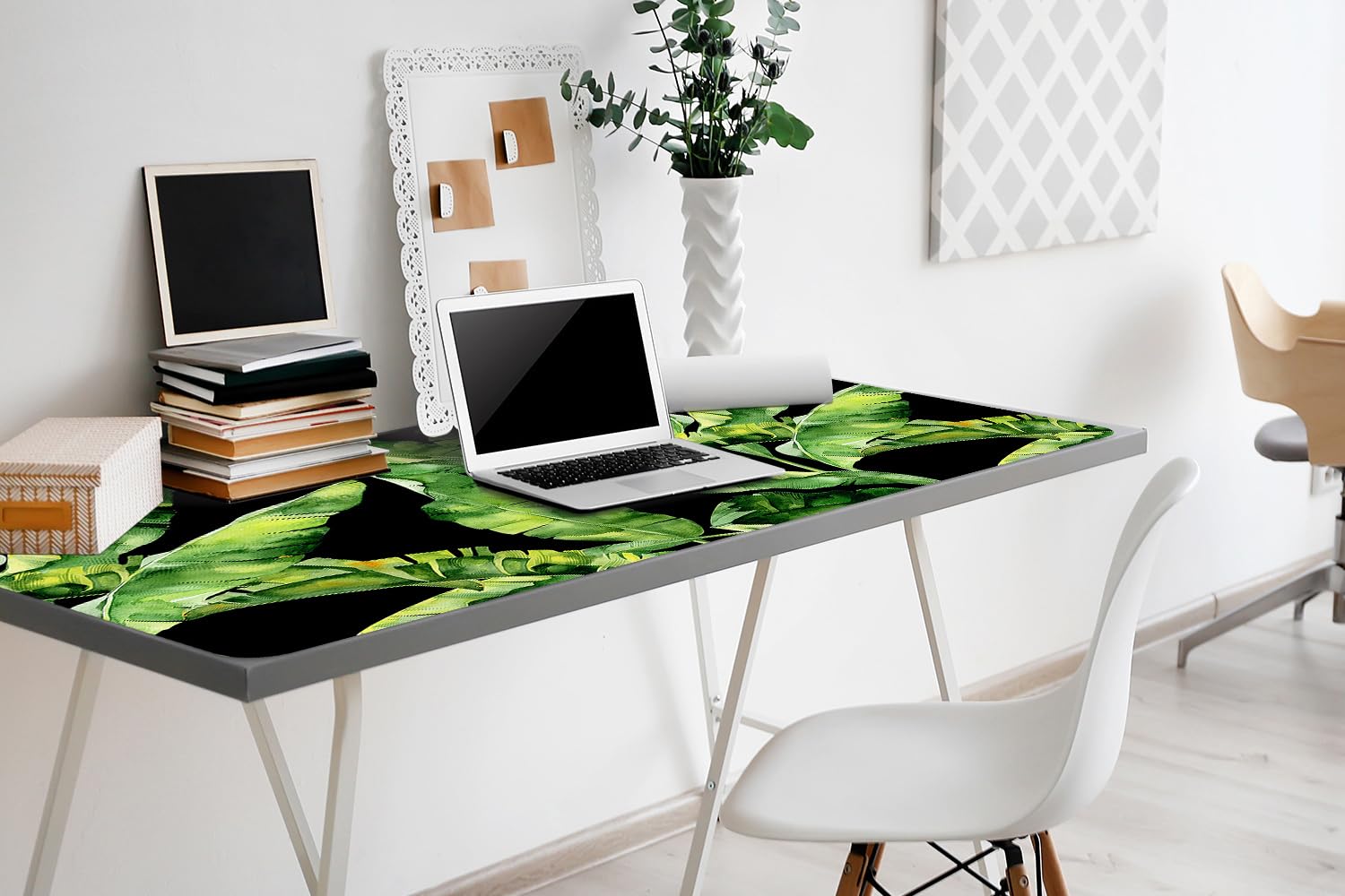 Sottomano per Tastiera 100x50 cm Facile da Pulire Antiscivolo Superficie Protettiva Protezione e Decorazione in Vinile PVC per Ufficio e Casa Impermeabile - Foglia tropicale