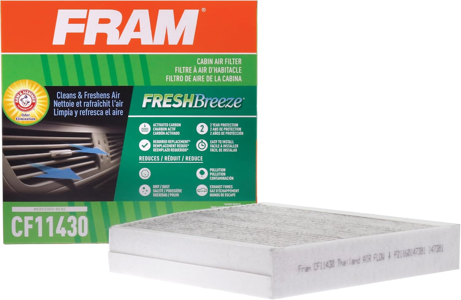 FRAM Fresh Breeze Cabin Air Filter Replacement with Arm & Hammer Baking Soda and Activated Carbon, CF11430, 2 Year Protection, Easy Install, Fits Select Mercedes-Benz Models
