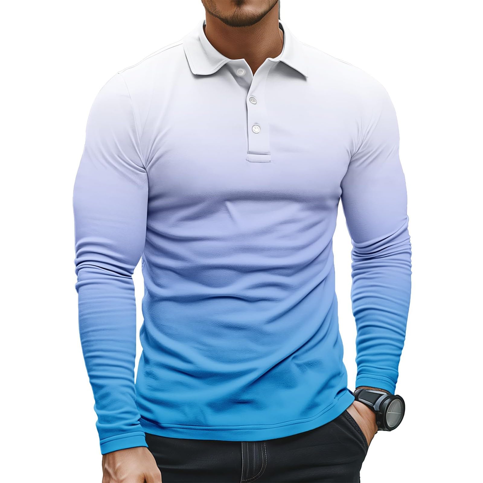 Generico Polo Uomo Manica Lunga a Colore Sfumato Ombré, Colletto Abbottonato Leggero, Modello Raffinato Adatto per Il Golf, Tennis e uscite quotidiane(1A-Sky Blue, XXXXL)