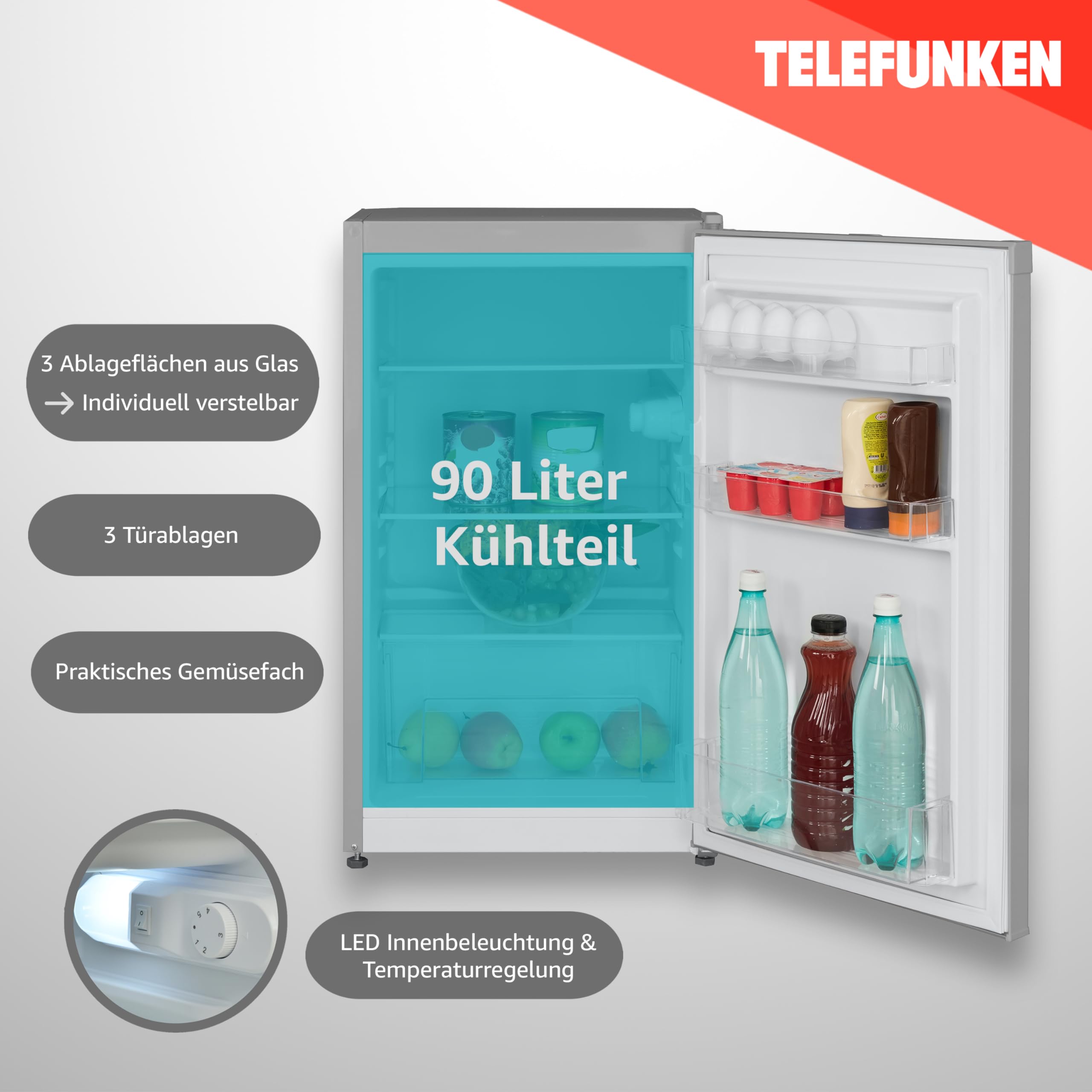 TELEFUNKEN Kühlschrank 90 L Freistehend Klein mit Gemüsefach 3 Ablagen Temperaturregelung LED Innenbeleuchtung silber CF-31-121-S