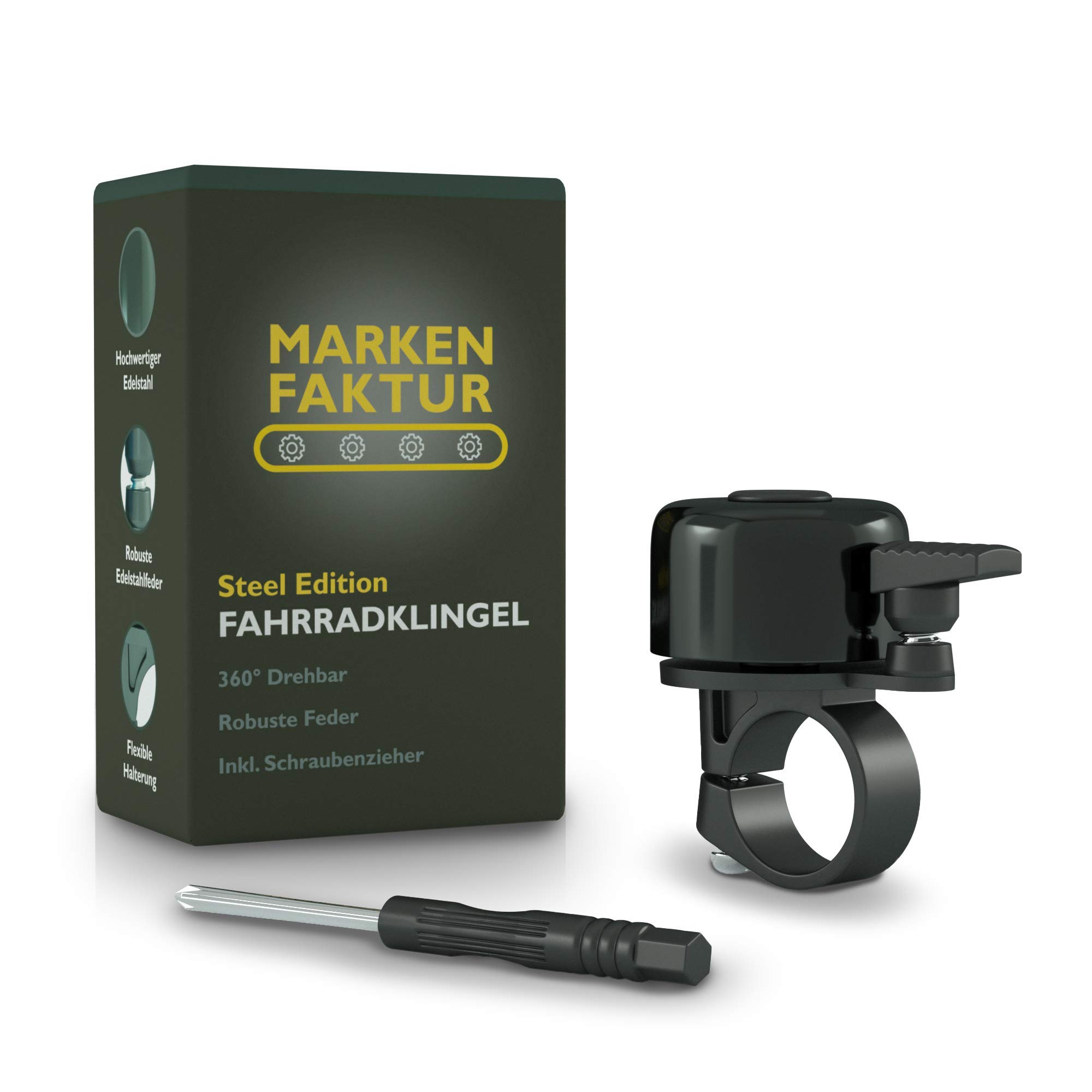 MARKEN FAKTUR® Fahrradklingel Mountainbike - Inkl. Schraubenzieher - Klingel Fahrrad aus Robustem und Widerstandsfähigem Edelstahl - Fahrradglocke mit verbesserter Passform - Rennrad Klingel (Schwarz)