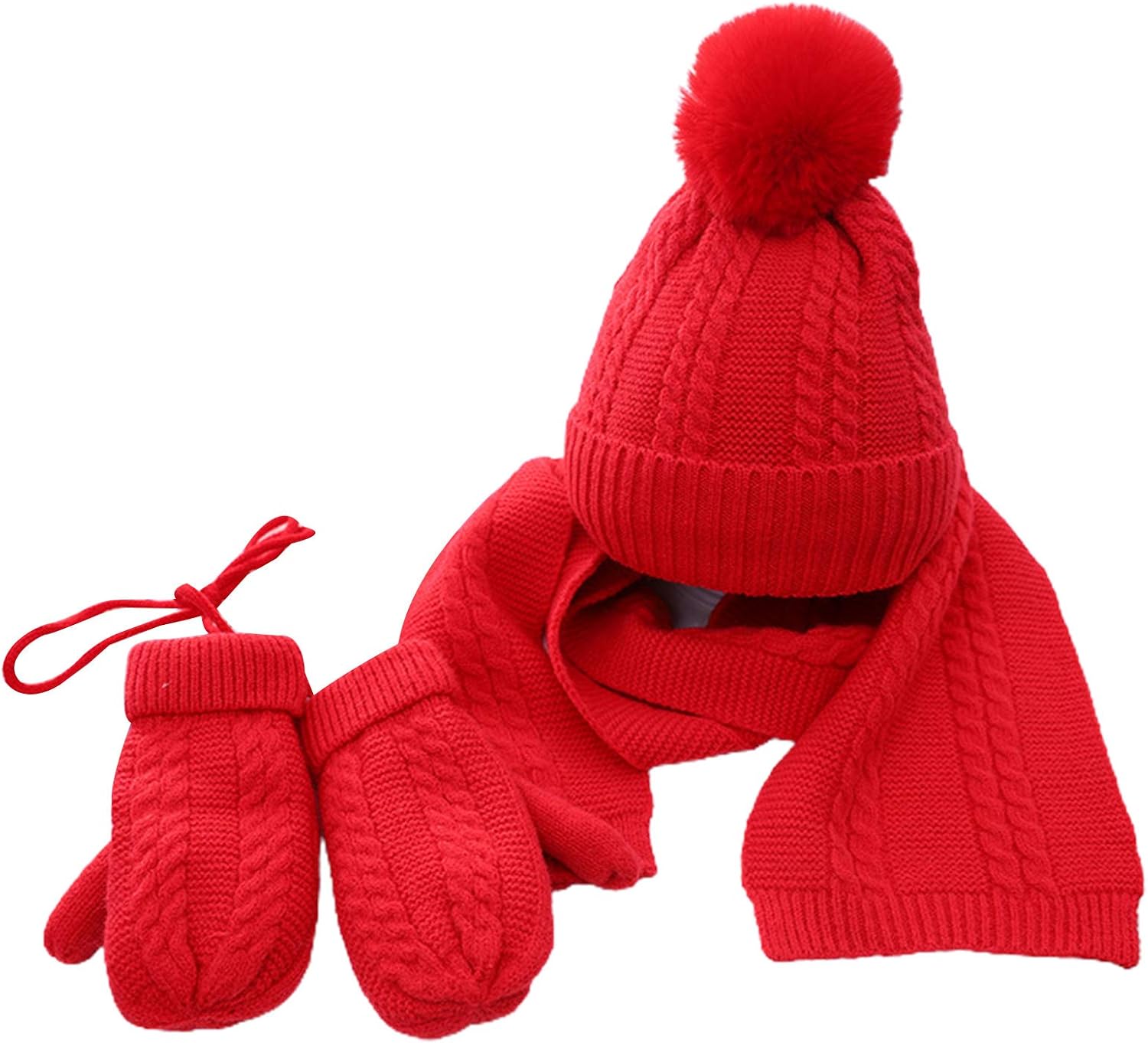 Scarf,Winter Beanie Hat Long Scarf Gloves with String Set for Kids Pompom Cuffed Skullcap Mittens Scarf