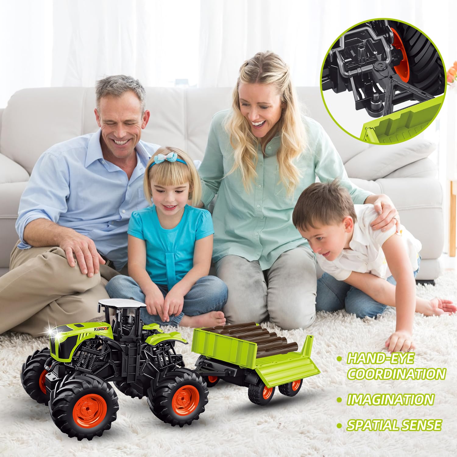 fisca Tractor teledirigido con remolque de elevación e inclinación, camión de juguete con sonido y luz, 6 tacos de madera, adecuado para niños y niñas a partir de 3, 4, 5 y 6 años, juguete de granja
